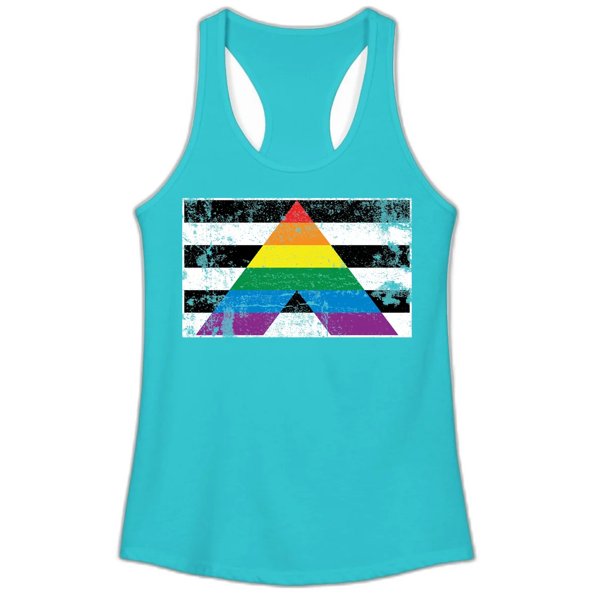 Rainbow pride pyramid with horizontal stripes on distressed black and white background in Solid Tahiti Blue