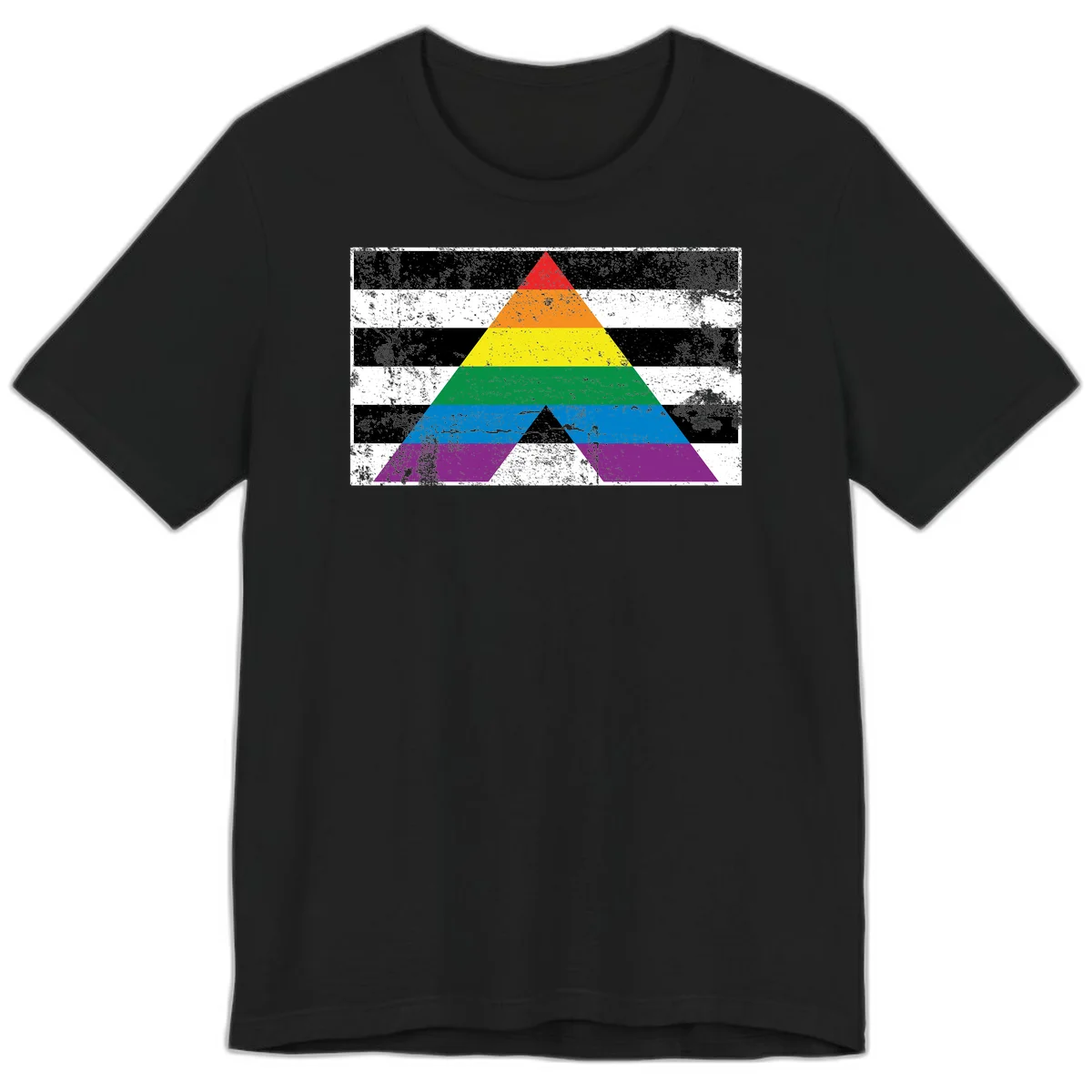Rainbow pride pyramid with horizontal stripes on distressed black and white background in Black