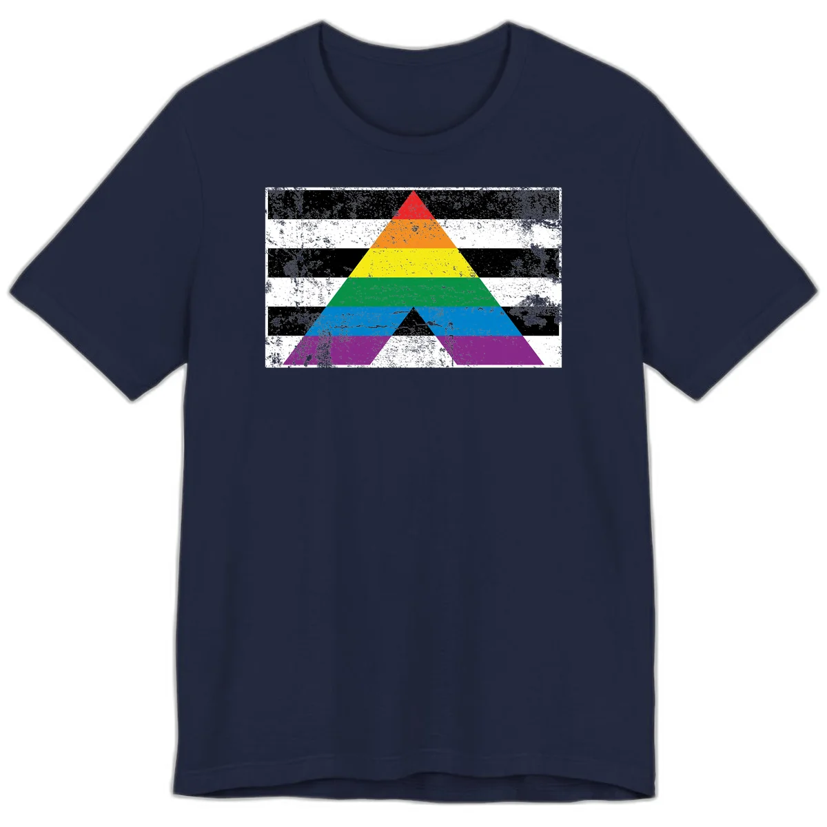Rainbow pride pyramid with horizontal stripes on distressed black and white background in Navy