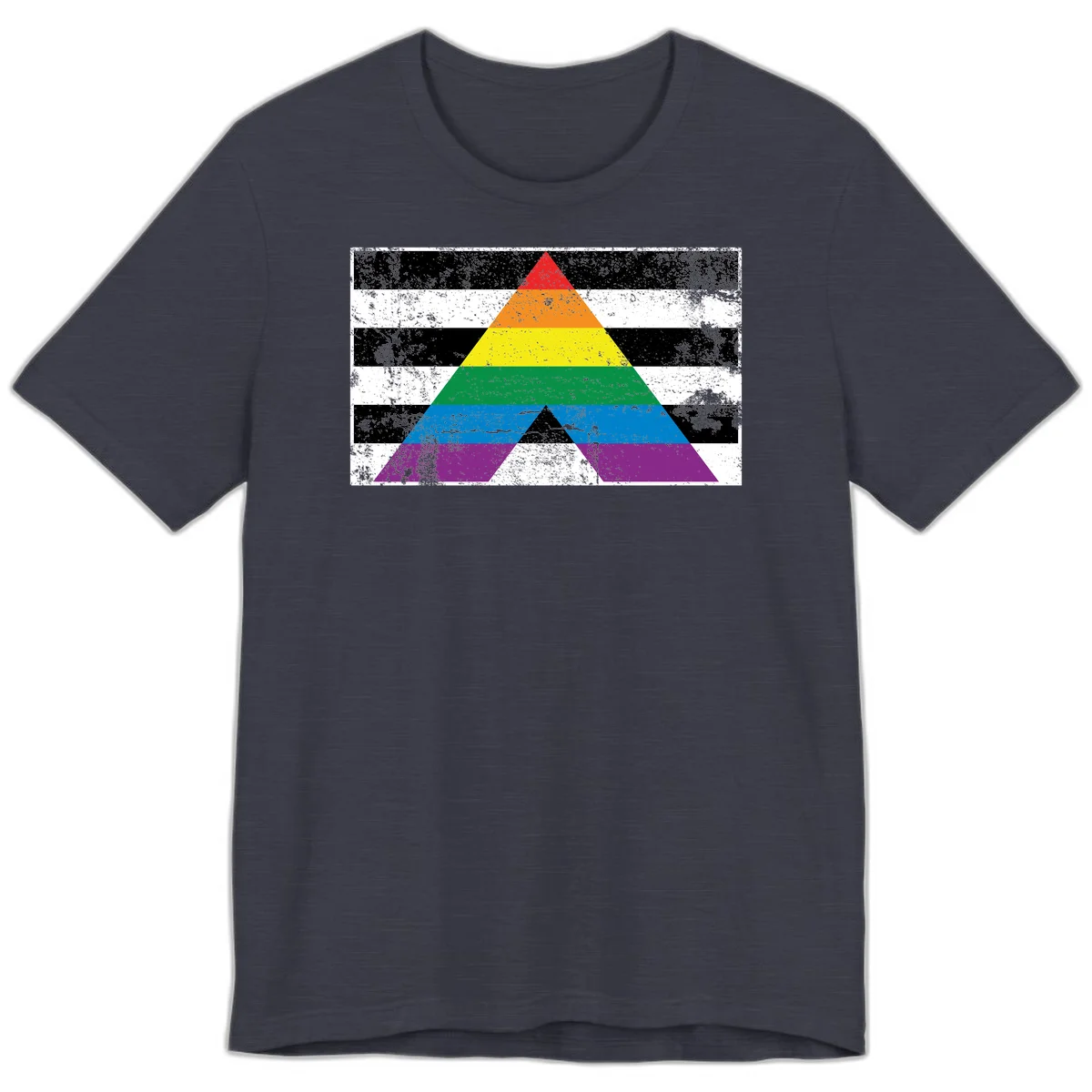 Rainbow pride pyramid with horizontal stripes on distressed black and white background in Heather Midnight Navy