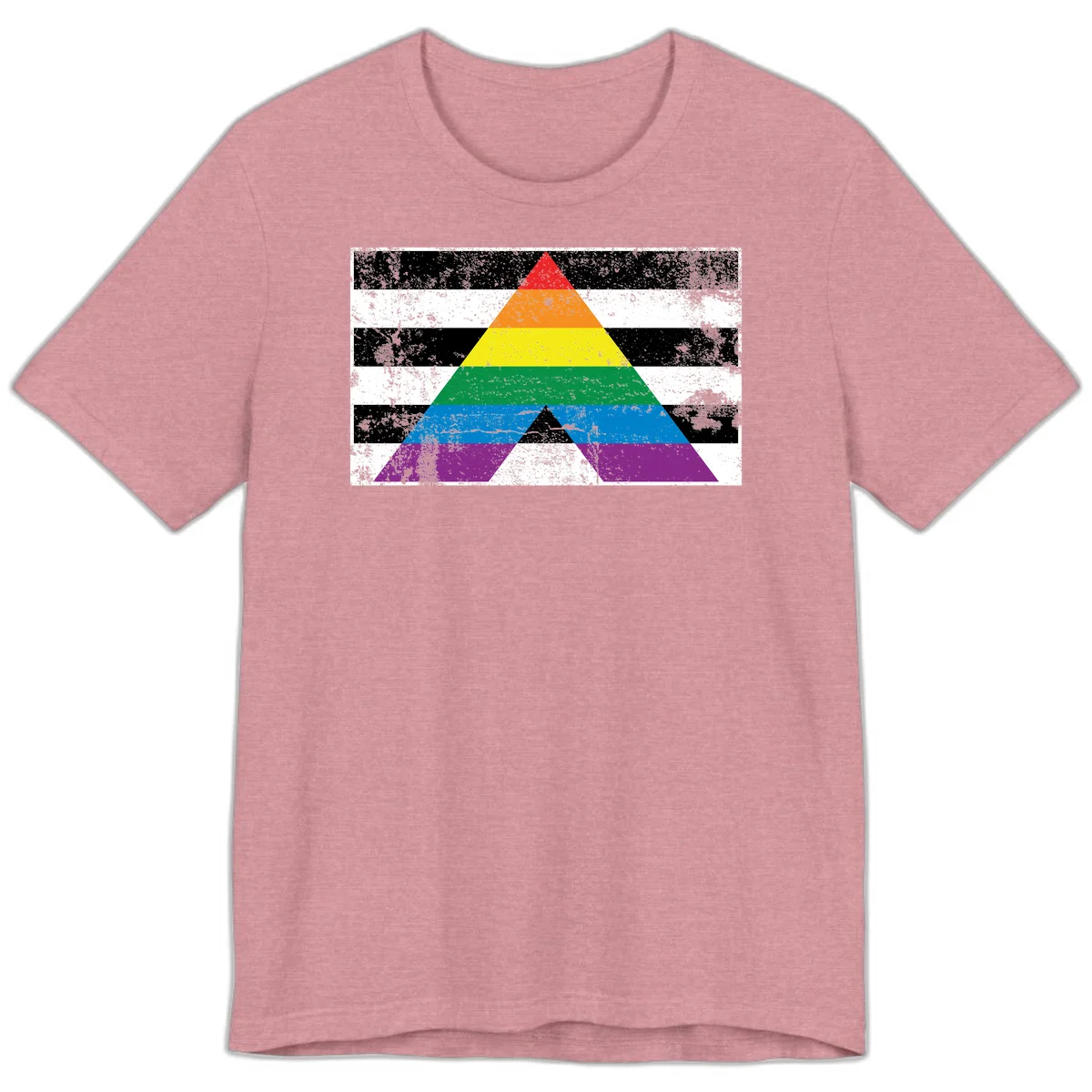 Rainbow pride pyramid with horizontal stripes on distressed black and white background in Heather Orchid