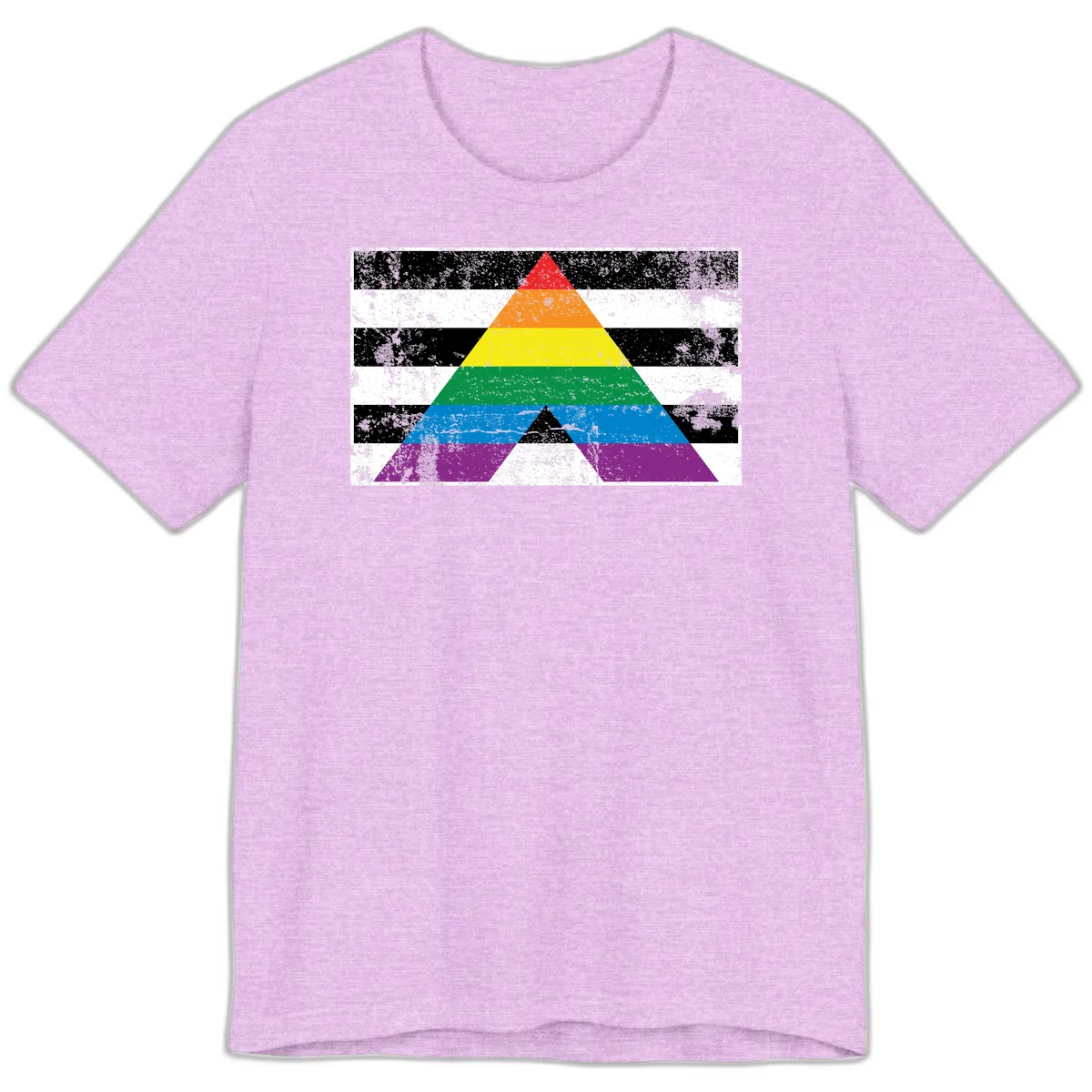 Rainbow pride pyramid with horizontal stripes on distressed black and white background in Heather Prism Lilac