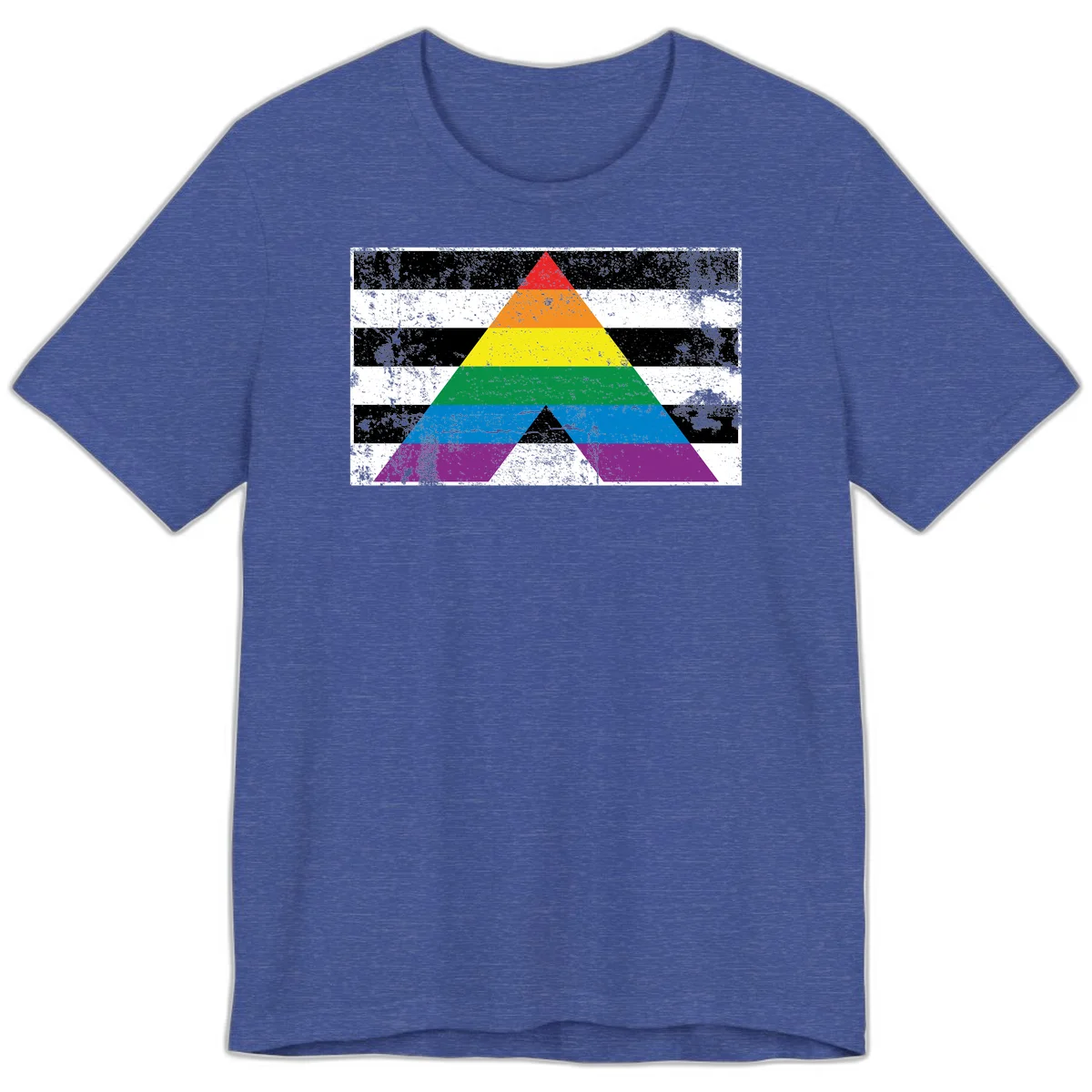 Rainbow pride pyramid with horizontal stripes on distressed black and white background in Heather True Royal