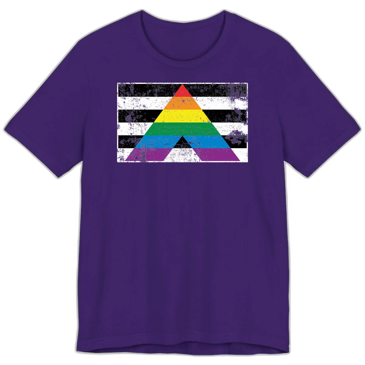 Rainbow pride pyramid with horizontal stripes on distressed black and white background in Team Purple