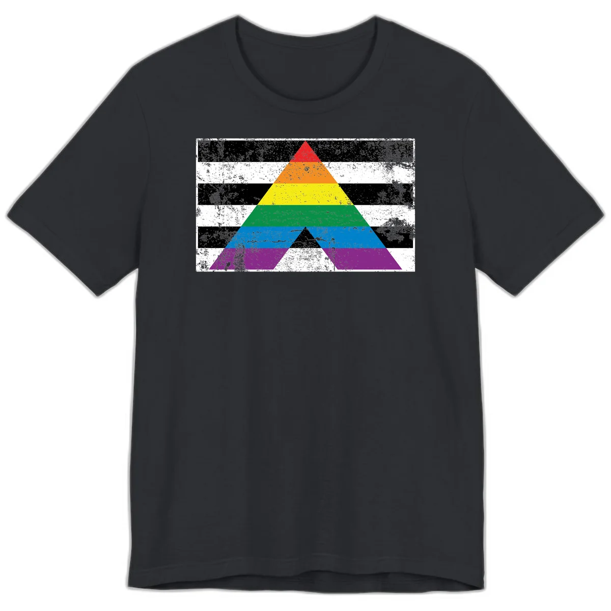 Rainbow pride pyramid with horizontal stripes on distressed black and white background in Vintage Black