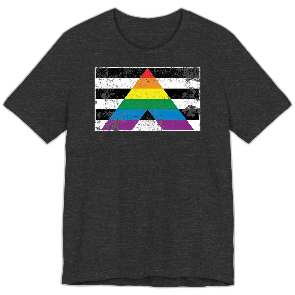 Rainbow pride pyramid with horizontal stripes on distressed black and white background in Dark Grey Heather