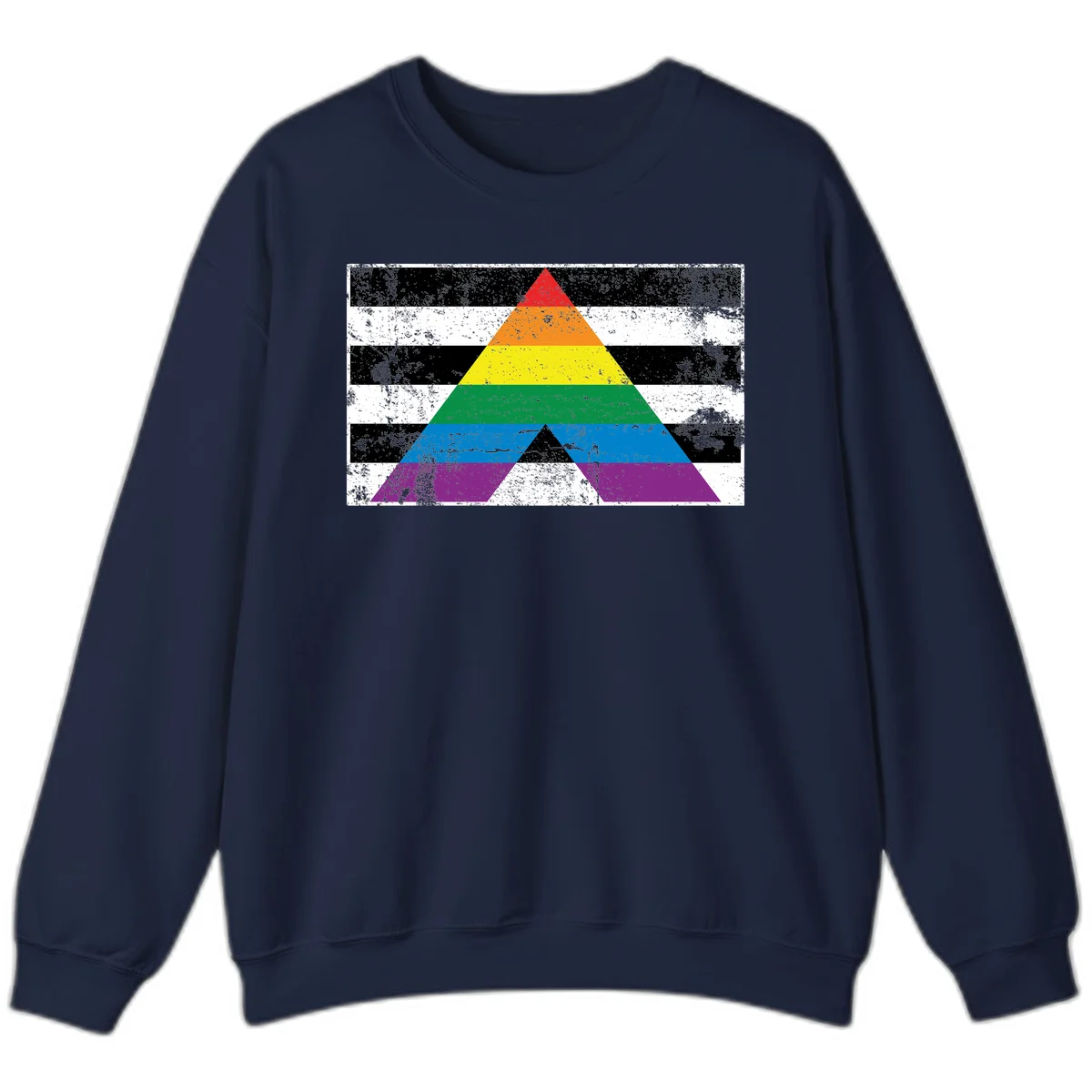 Rainbow pride pyramid with horizontal stripes on distressed black and white background in Navy