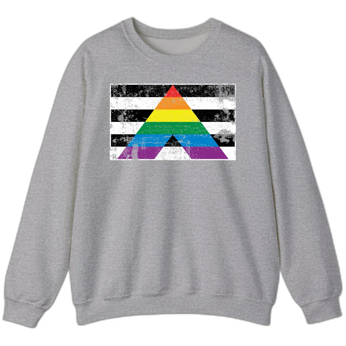 Rainbow pride pyramid with horizontal stripes on distressed black and white background in Sport Grey