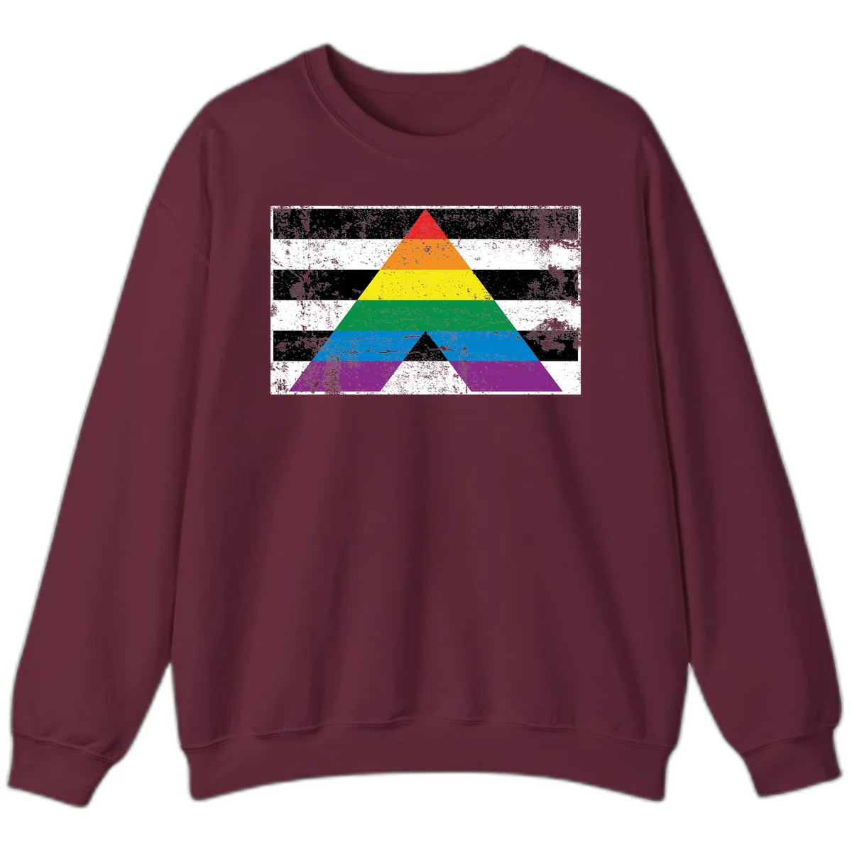 Rainbow pride pyramid with horizontal stripes on distressed black and white background in Maroon