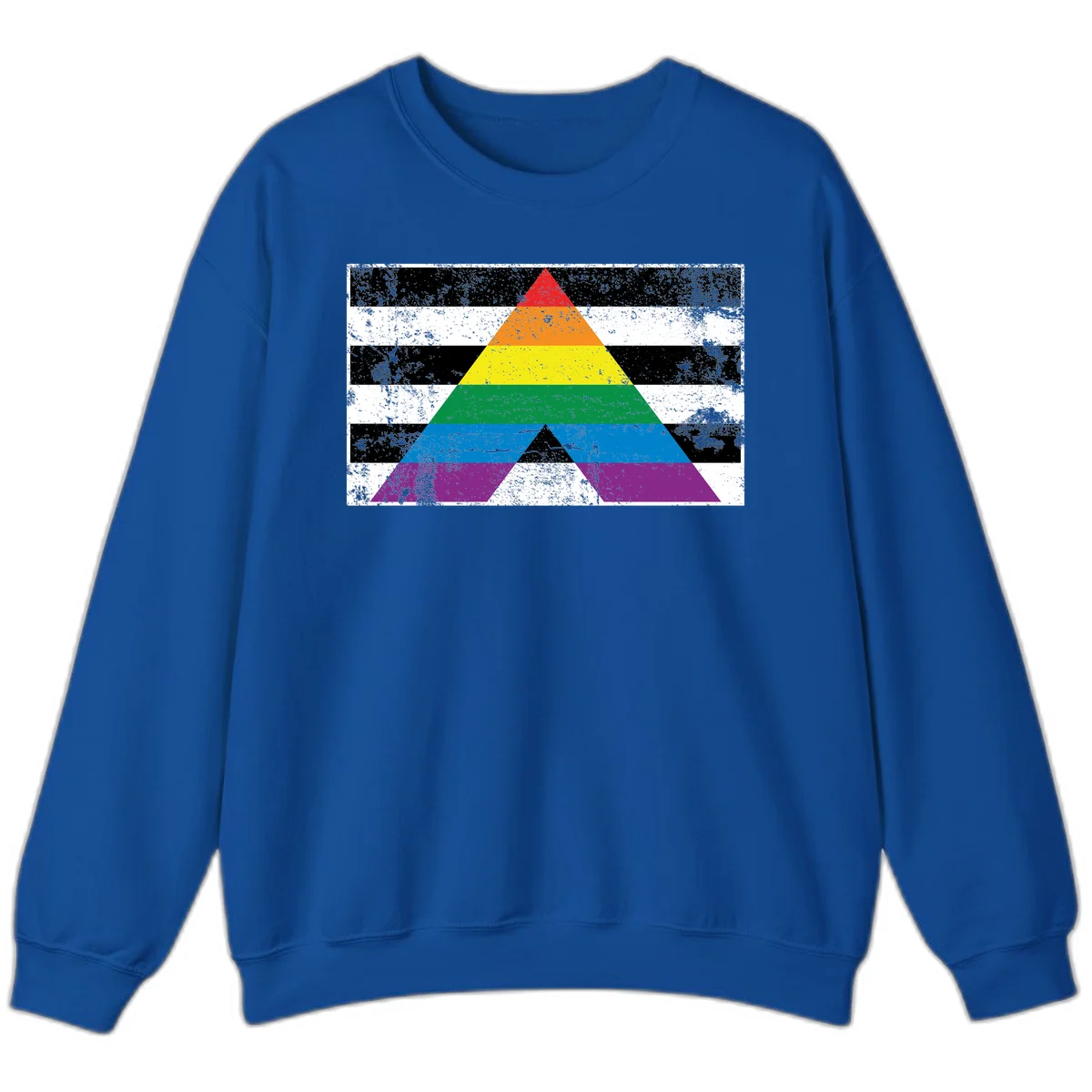 Rainbow pride pyramid with horizontal stripes on distressed black and white background in Royal
