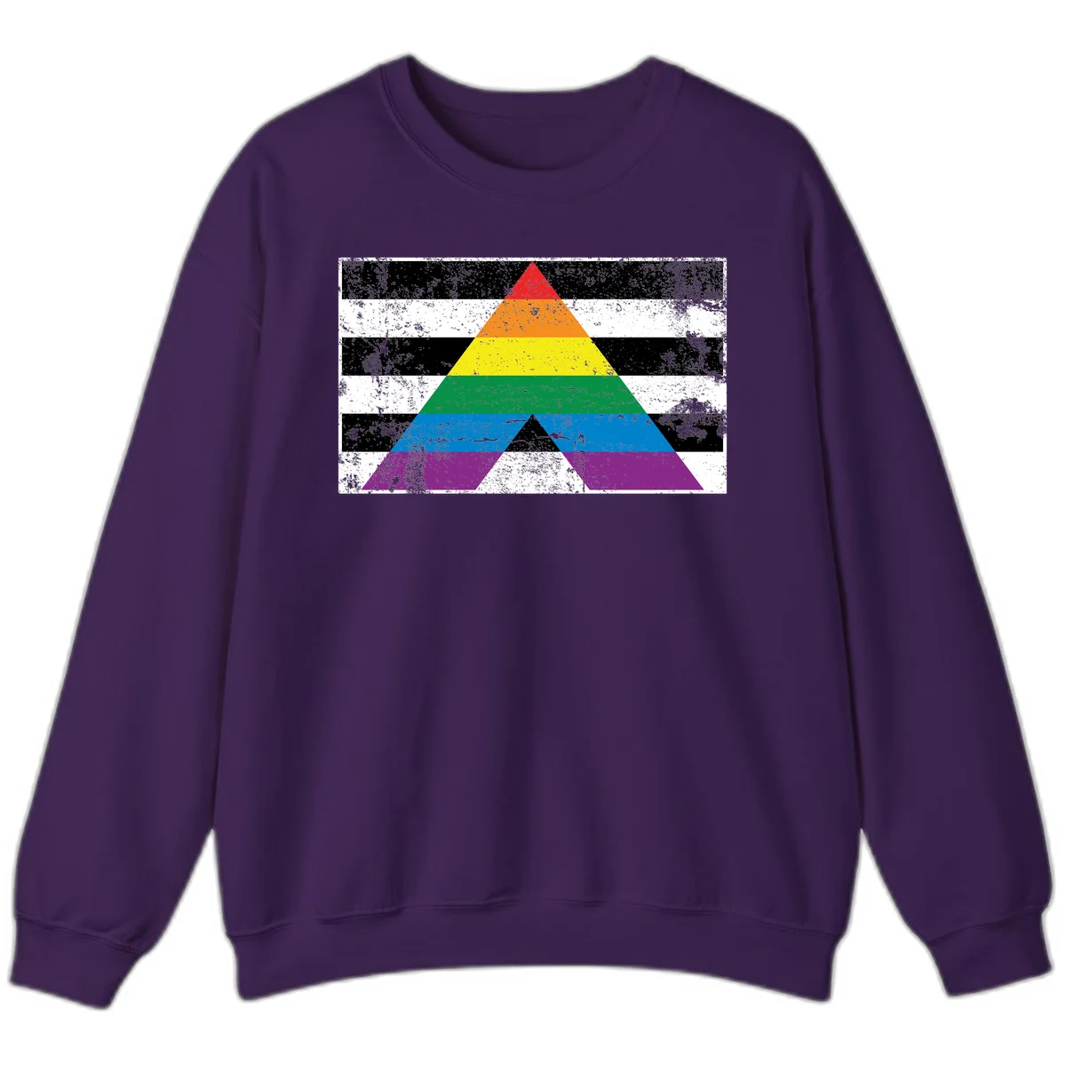 Rainbow pride pyramid with horizontal stripes on distressed black and white background in Purple