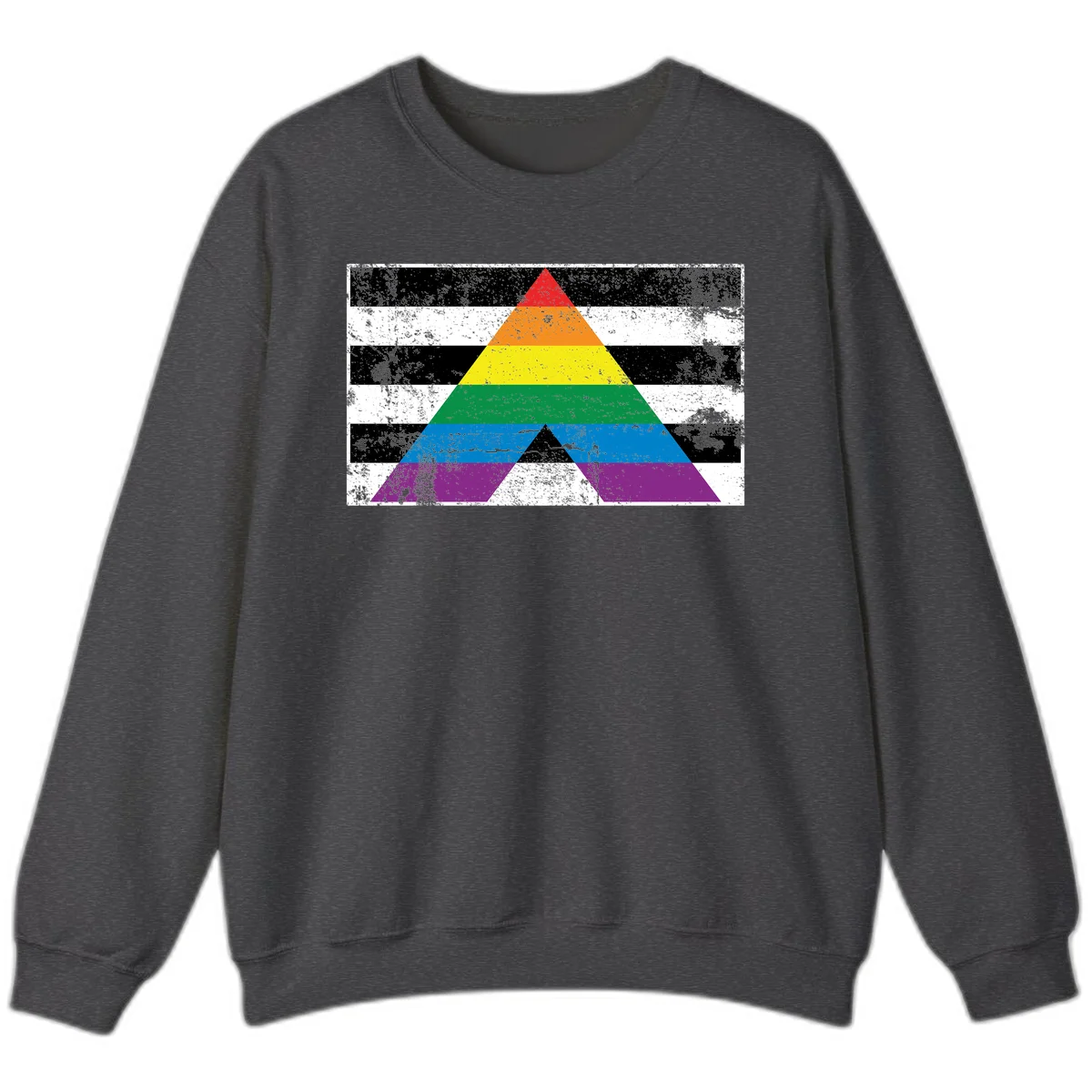 Rainbow pride pyramid with horizontal stripes on distressed black and white background in Dark Heather