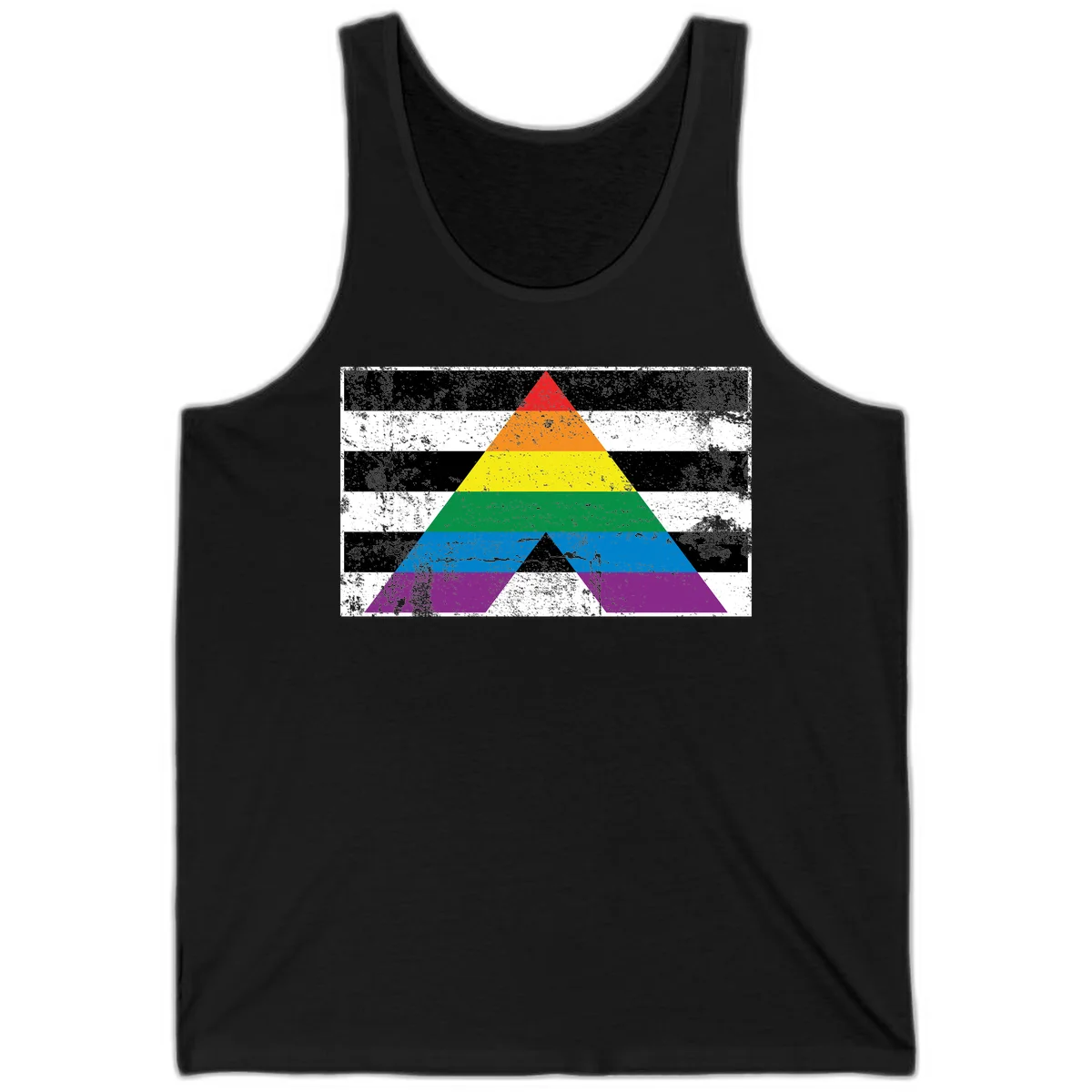 Rainbow pride pyramid with horizontal stripes on distressed black and white background in Black