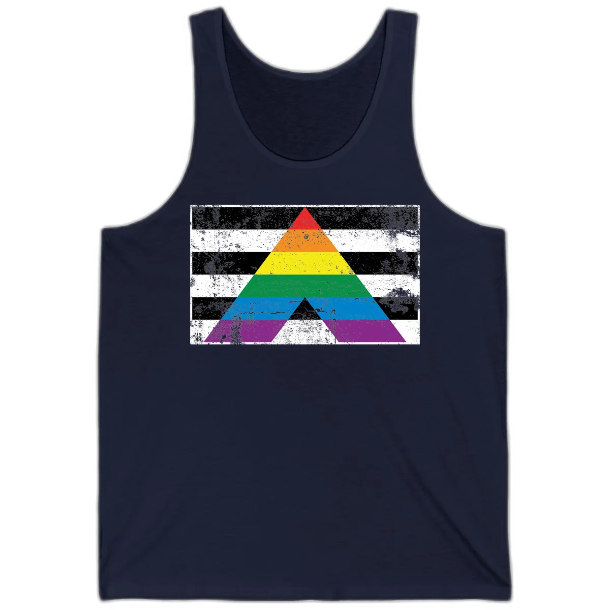 Rainbow pride pyramid with horizontal stripes on distressed black and white background in Navy