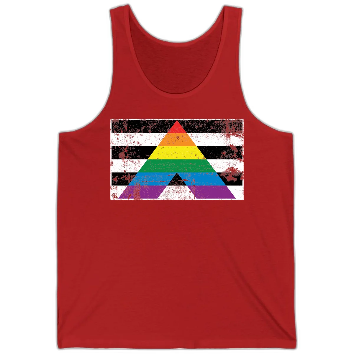 Rainbow pride pyramid with horizontal stripes on distressed black and white background in Red