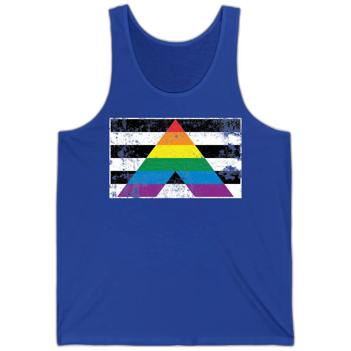 Rainbow pride pyramid with horizontal stripes on distressed black and white background in True Royal