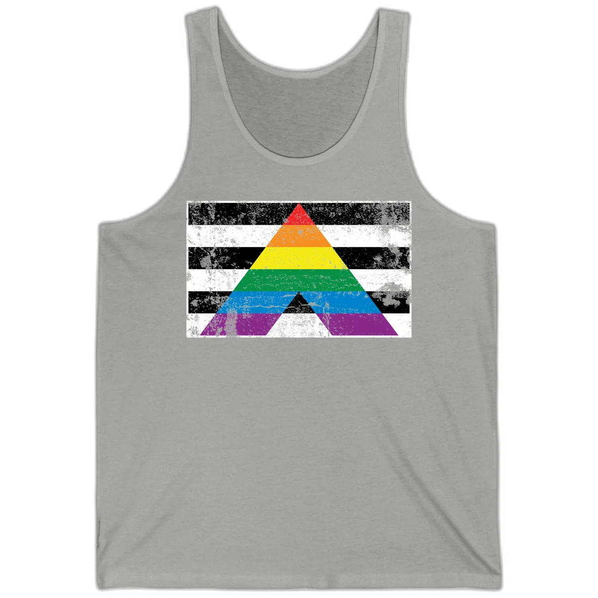 Rainbow pride pyramid with horizontal stripes on distressed black and white background in Athletic Heather