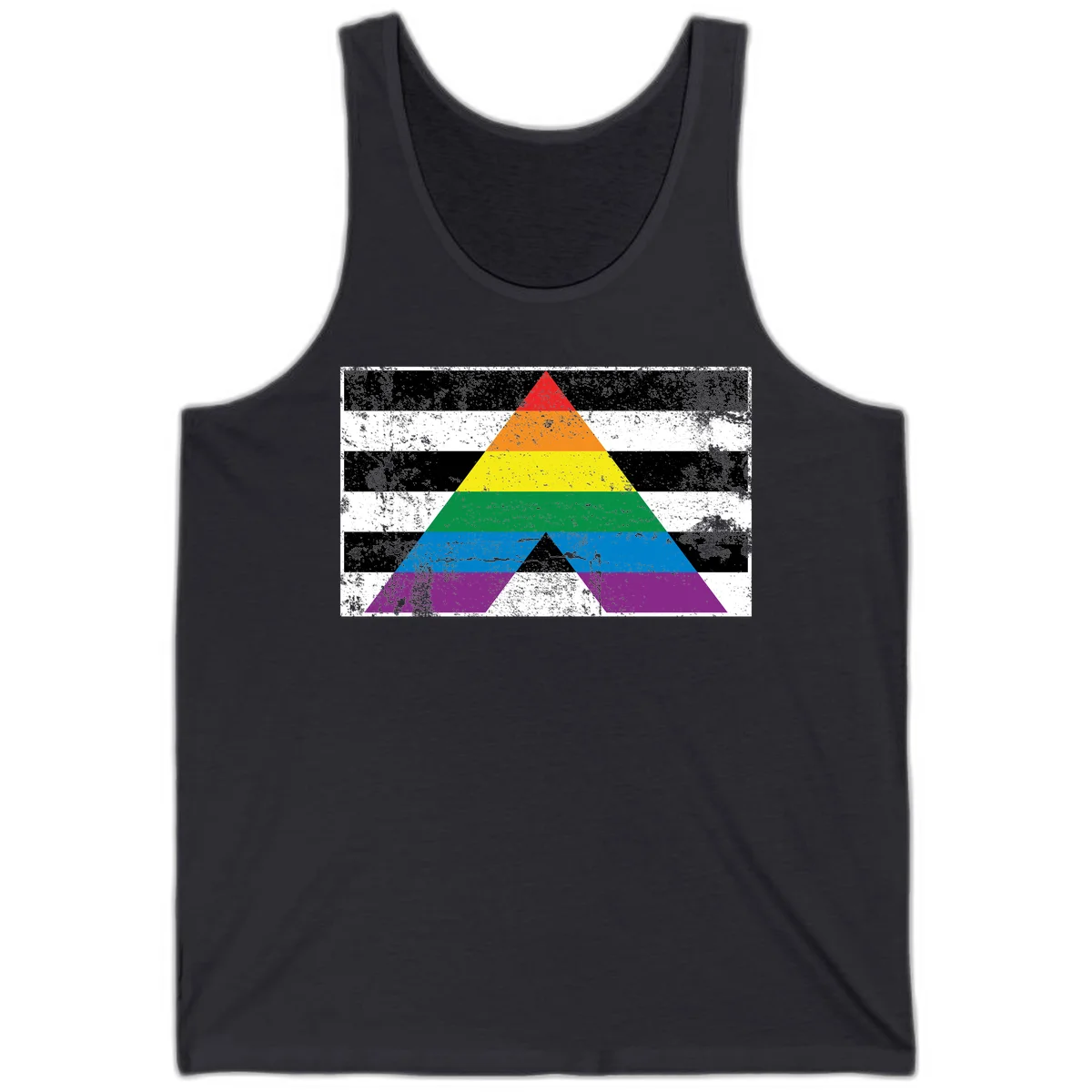 Rainbow pride pyramid with horizontal stripes on distressed black and white background in Dark Grey