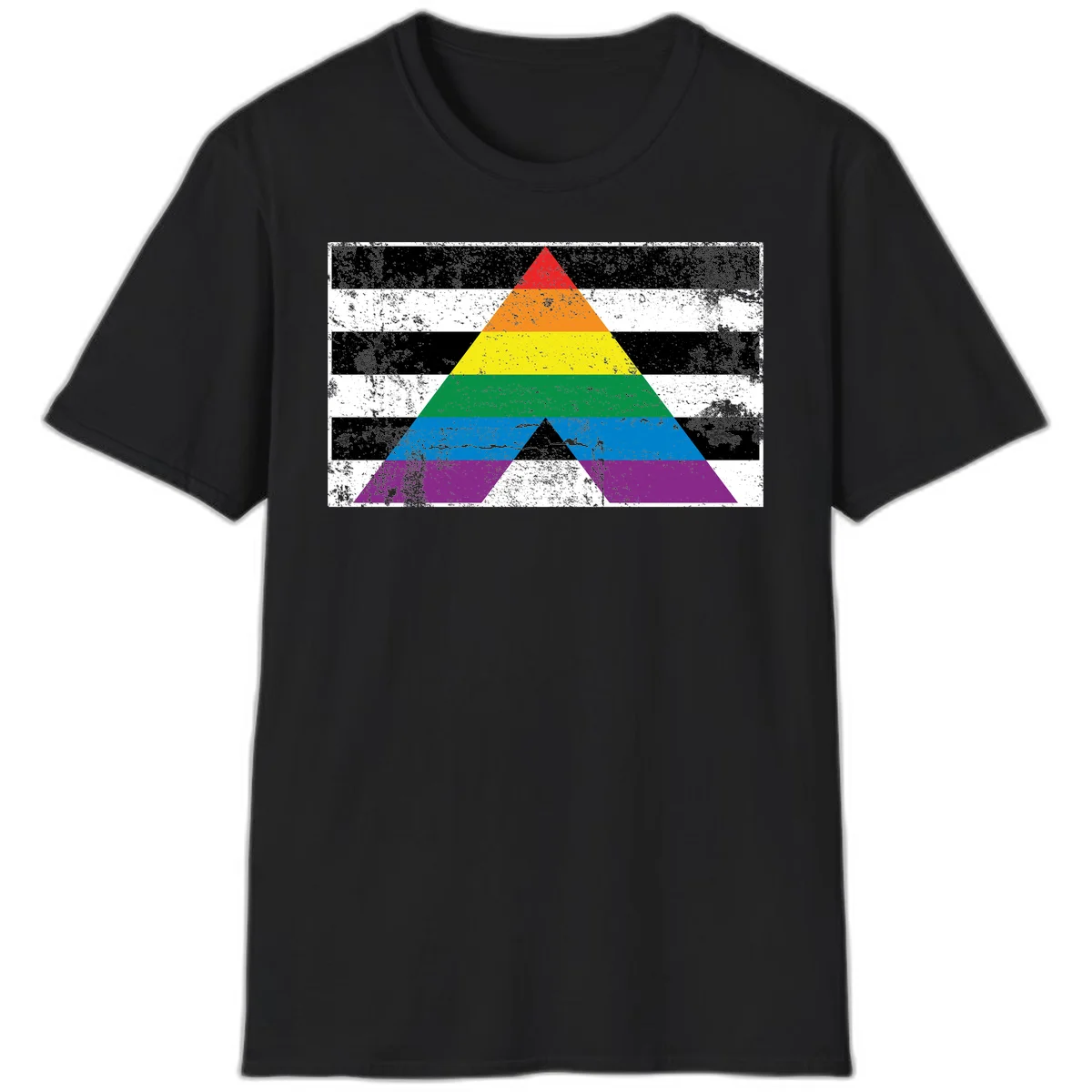 Rainbow pride pyramid with horizontal stripes on distressed black and white background in Black