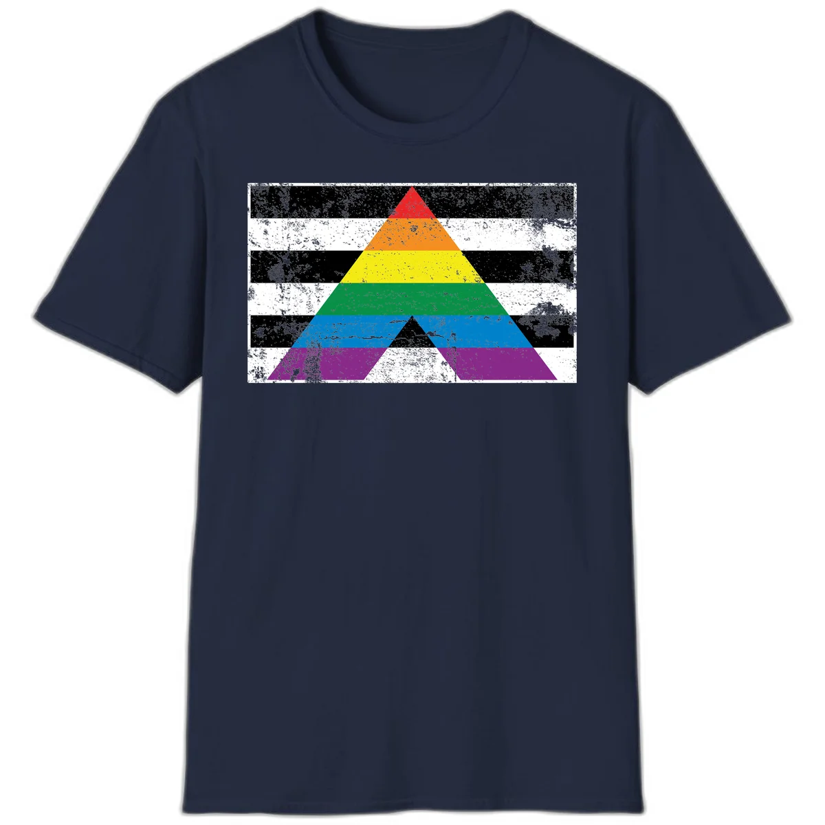 Rainbow pride pyramid with horizontal stripes on distressed black and white background in Navy