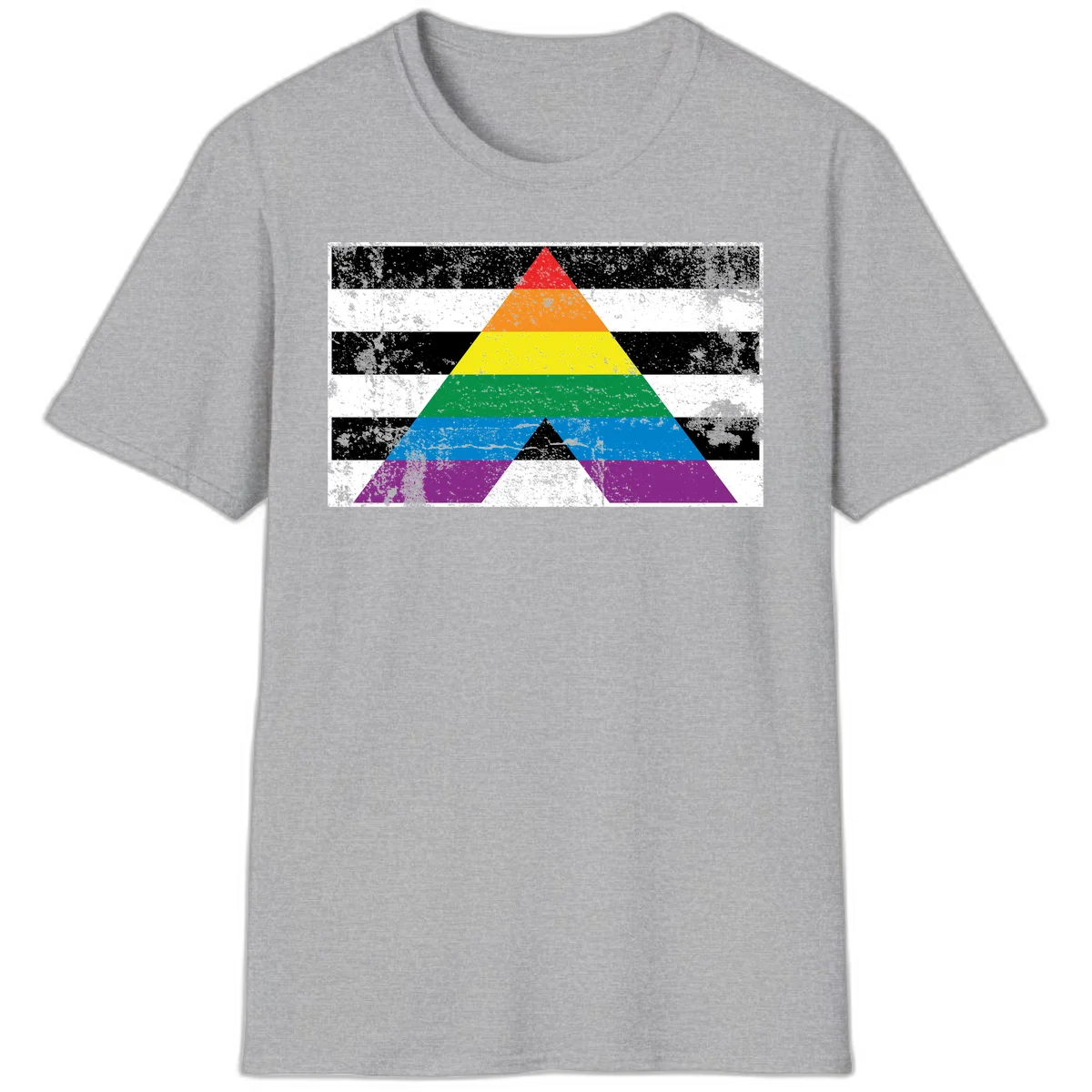 Rainbow pride pyramid with horizontal stripes on distressed black and white background in Sport Grey