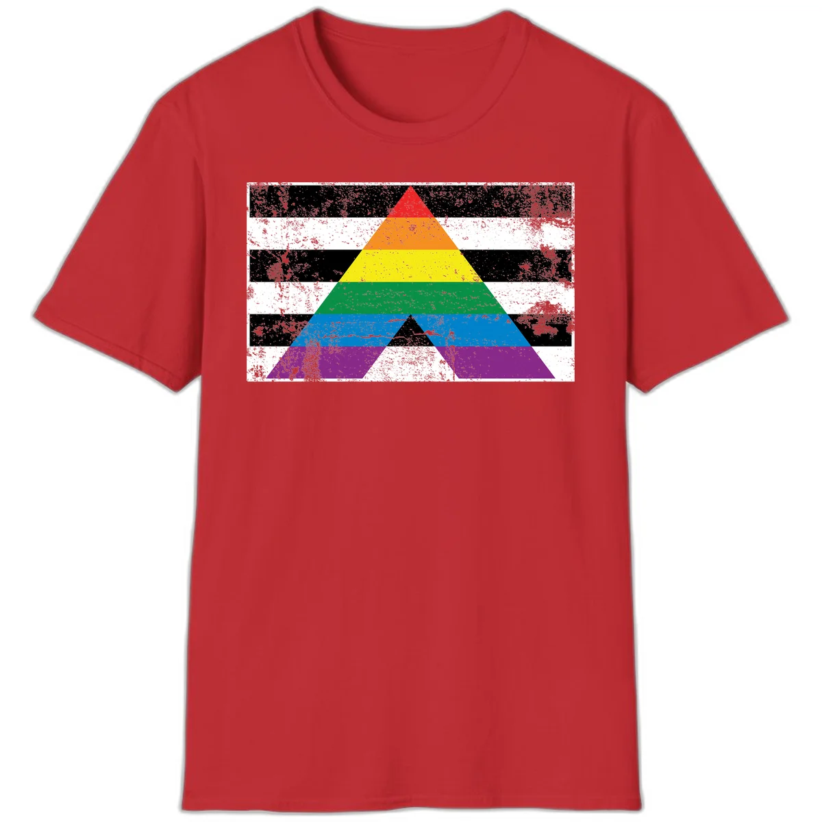 Rainbow pride pyramid with horizontal stripes on distressed black and white background in Red