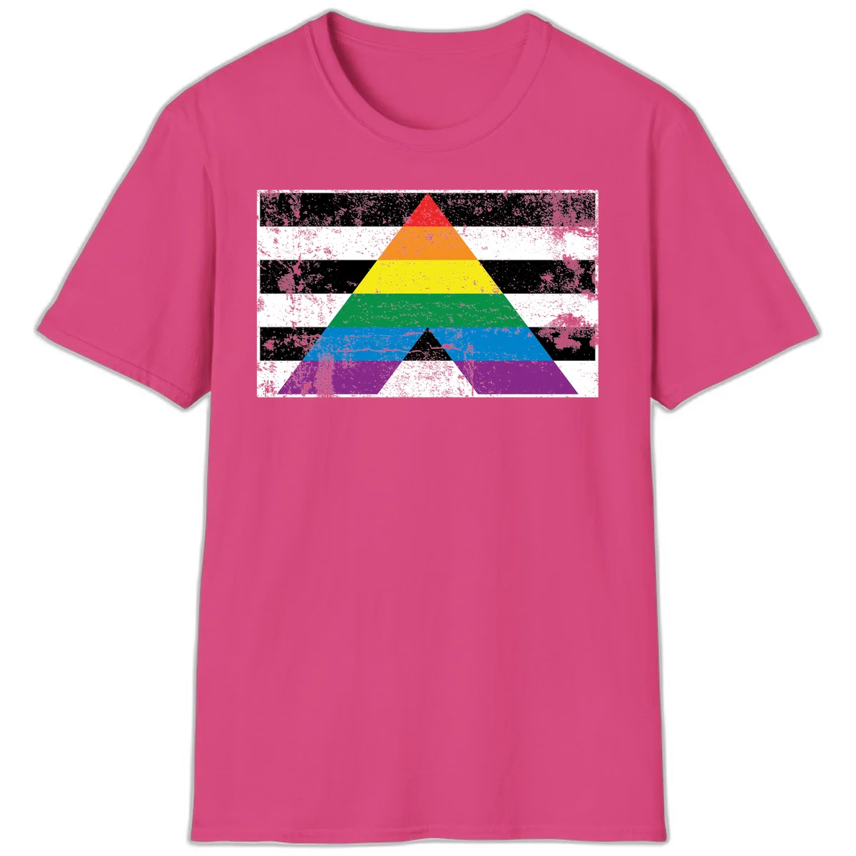Rainbow pride pyramid with horizontal stripes on distressed black and white background in Heliconia