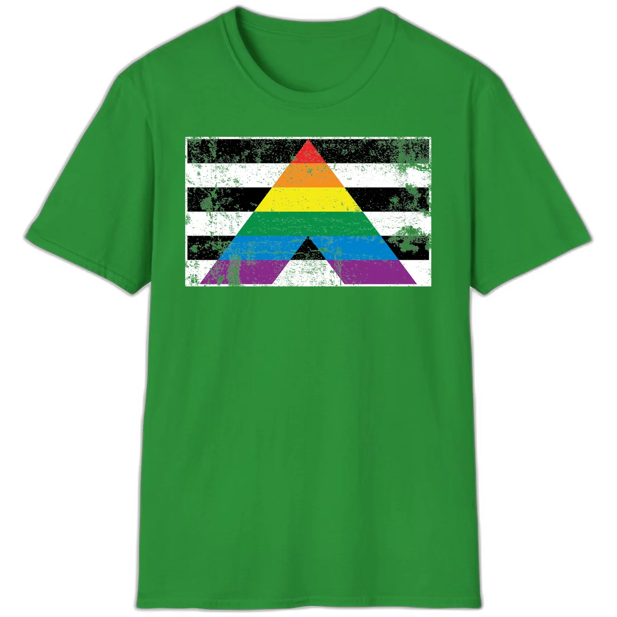 Rainbow pride pyramid with horizontal stripes on distressed black and white background in Irish Green