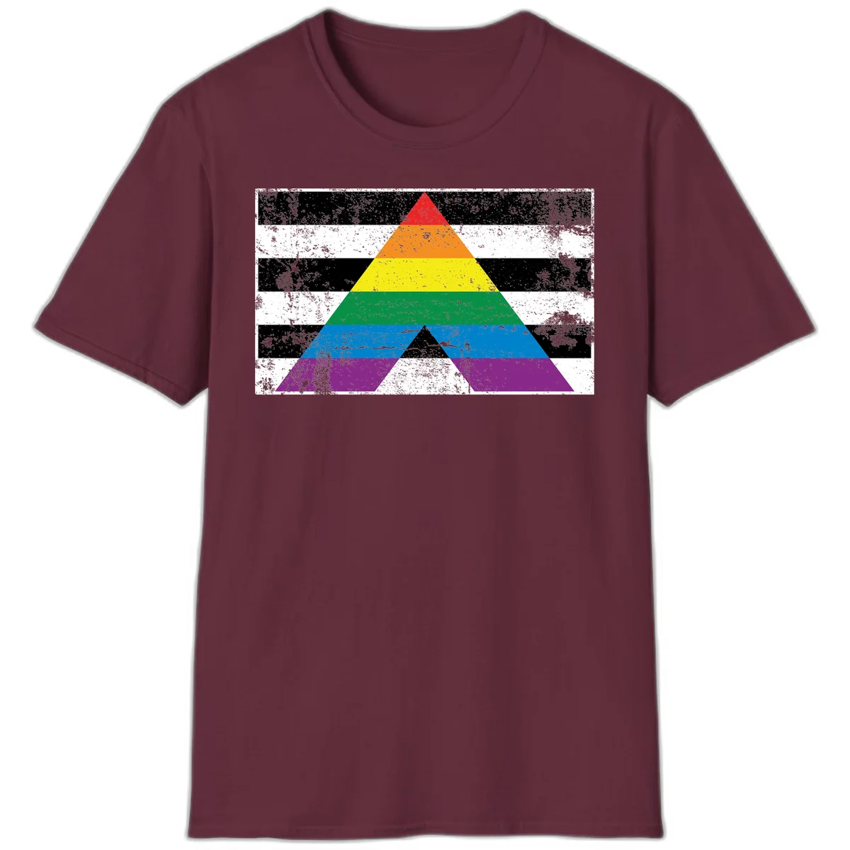 Rainbow pride pyramid with horizontal stripes on distressed black and white background in Maroon
