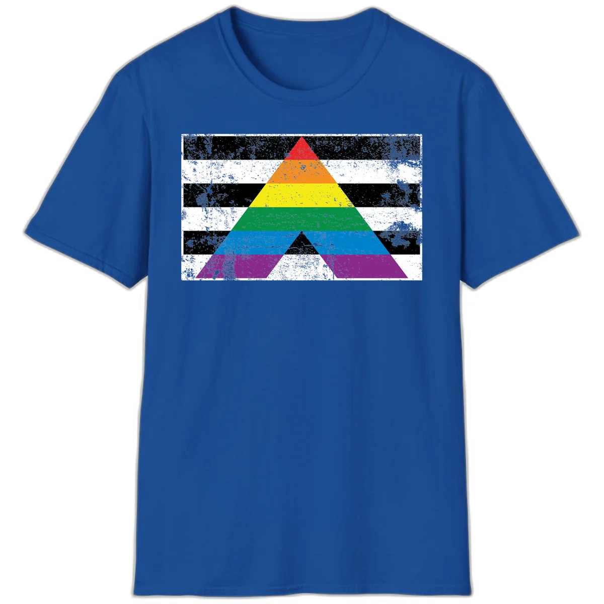 Rainbow pride pyramid with horizontal stripes on distressed black and white background in Royal