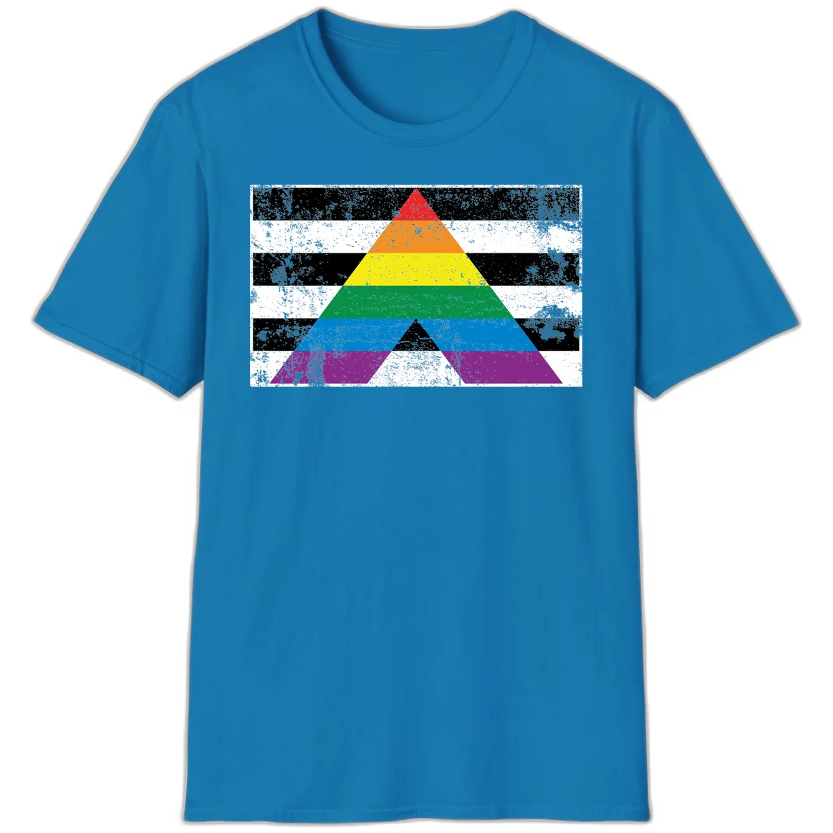 Rainbow pride pyramid with horizontal stripes on distressed black and white background in Sapphire