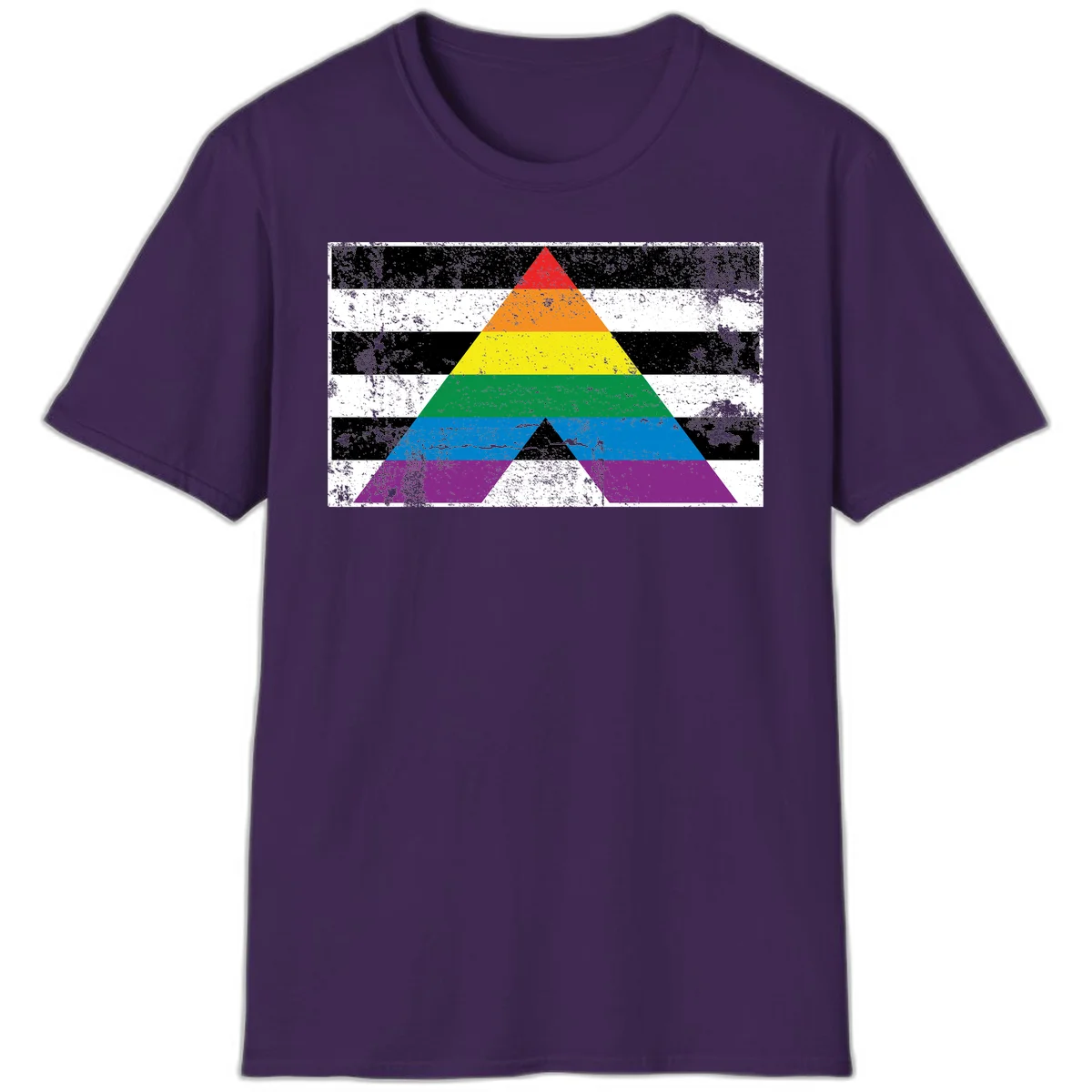 Rainbow pride pyramid with horizontal stripes on distressed black and white background in Purple