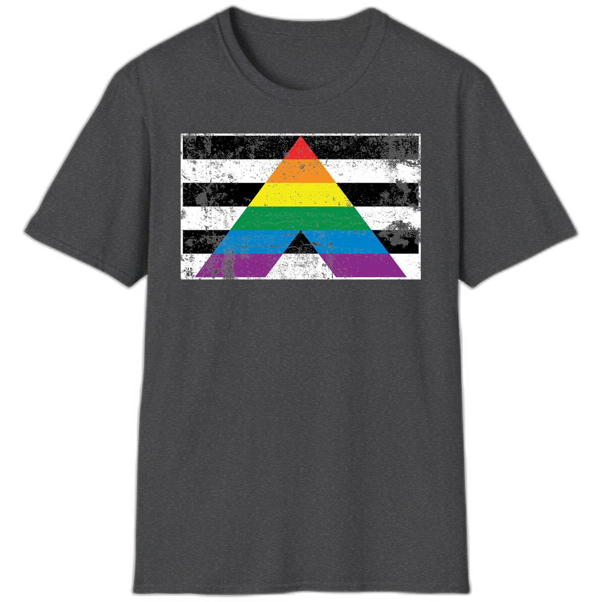 Rainbow pride pyramid with horizontal stripes on distressed black and white background in Dark Heather