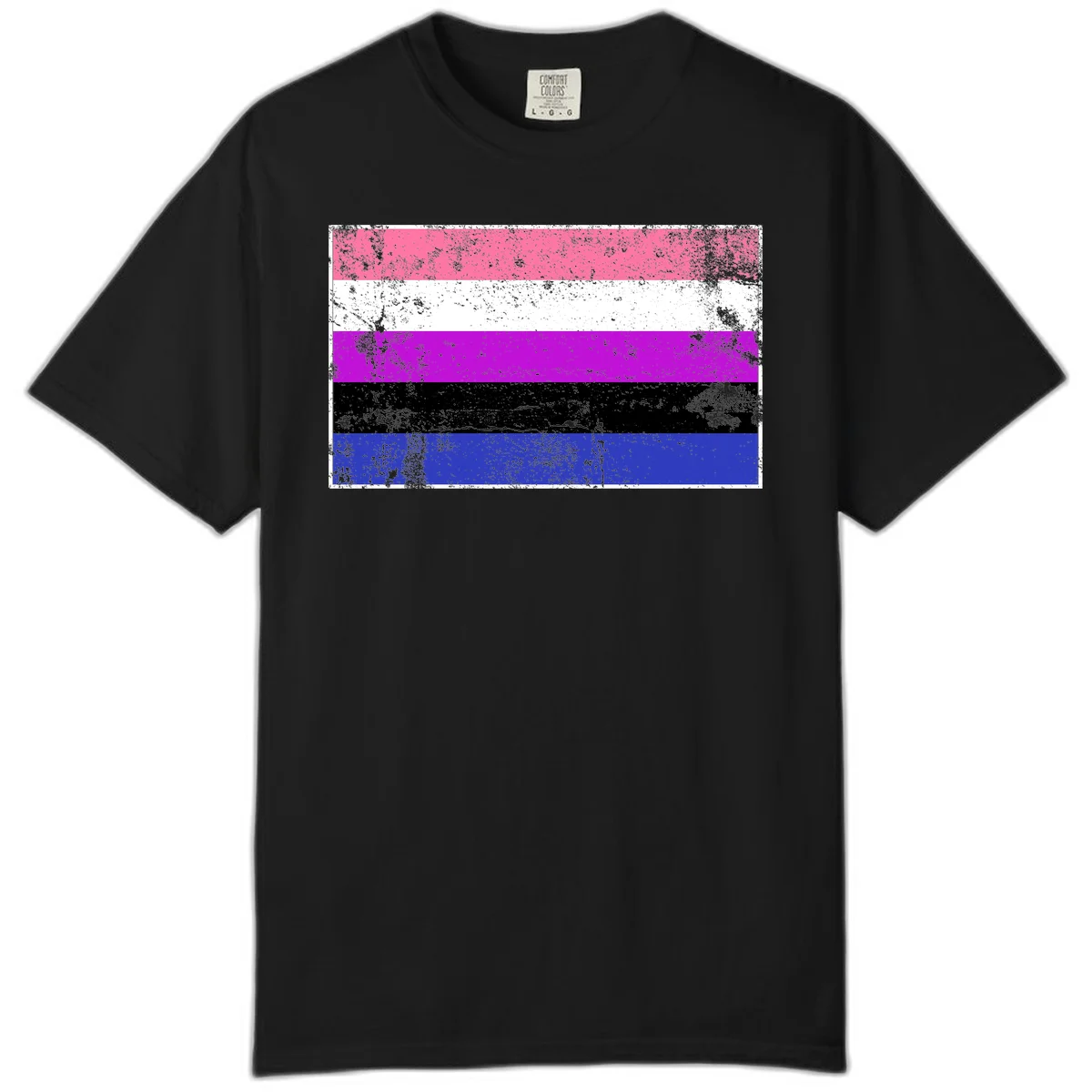 Genderqueer pride flag with horizontal stripes in hot pink, white, magenta, black, and blue featuring distressed grunge texture in Black