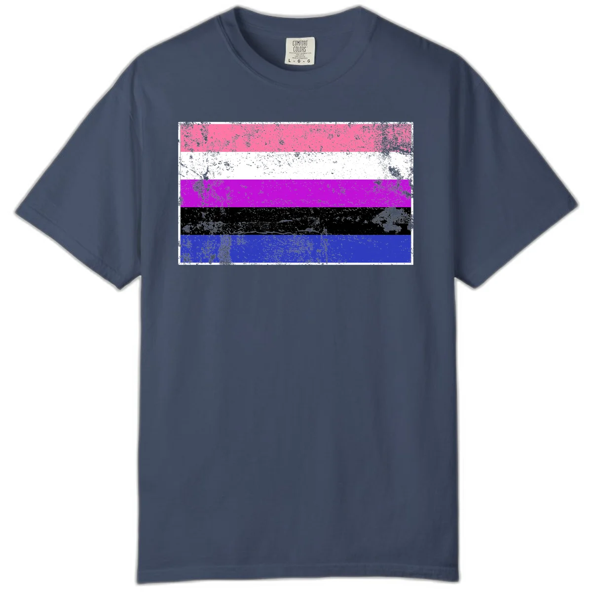 Genderqueer pride flag with horizontal stripes in hot pink, white, magenta, black, and blue featuring distressed grunge texture in Midnight