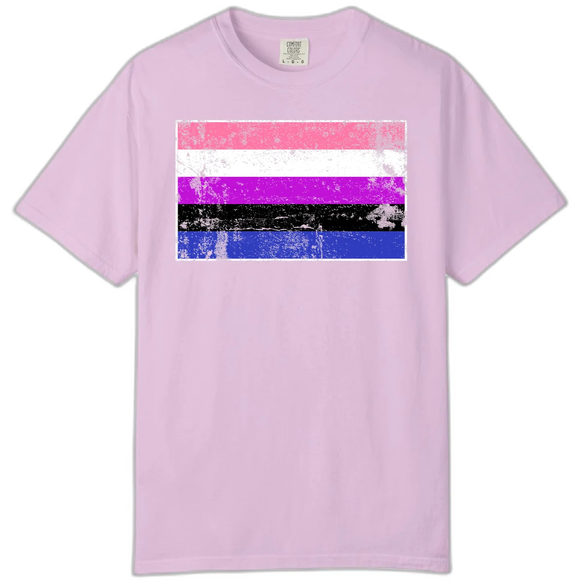 Genderqueer pride flag with horizontal stripes in hot pink, white, magenta, black, and blue featuring distressed grunge texture in Orchid
