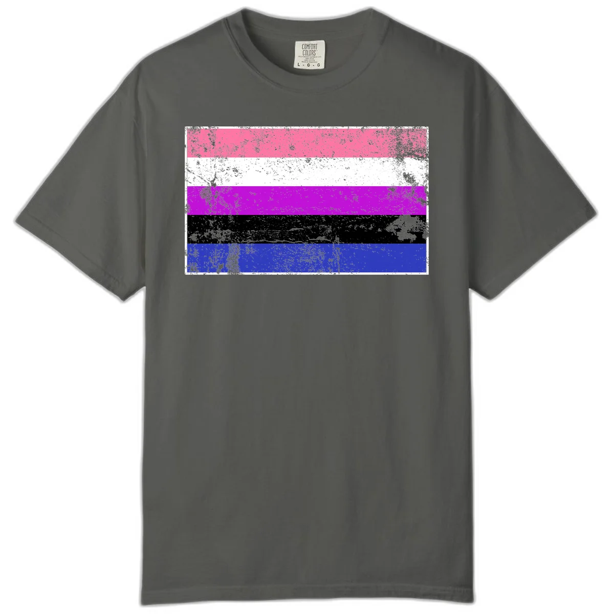 Genderqueer pride flag with horizontal stripes in hot pink, white, magenta, black, and blue featuring distressed grunge texture in Pepper