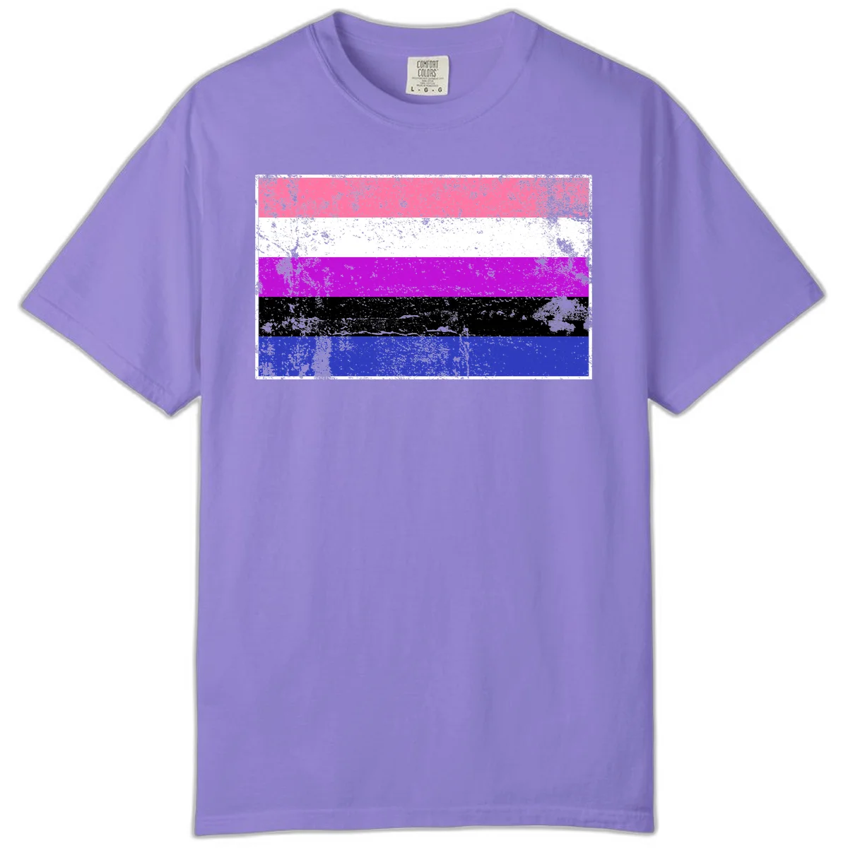 Genderqueer pride flag with horizontal stripes in hot pink, white, magenta, black, and blue featuring distressed grunge texture in Violet