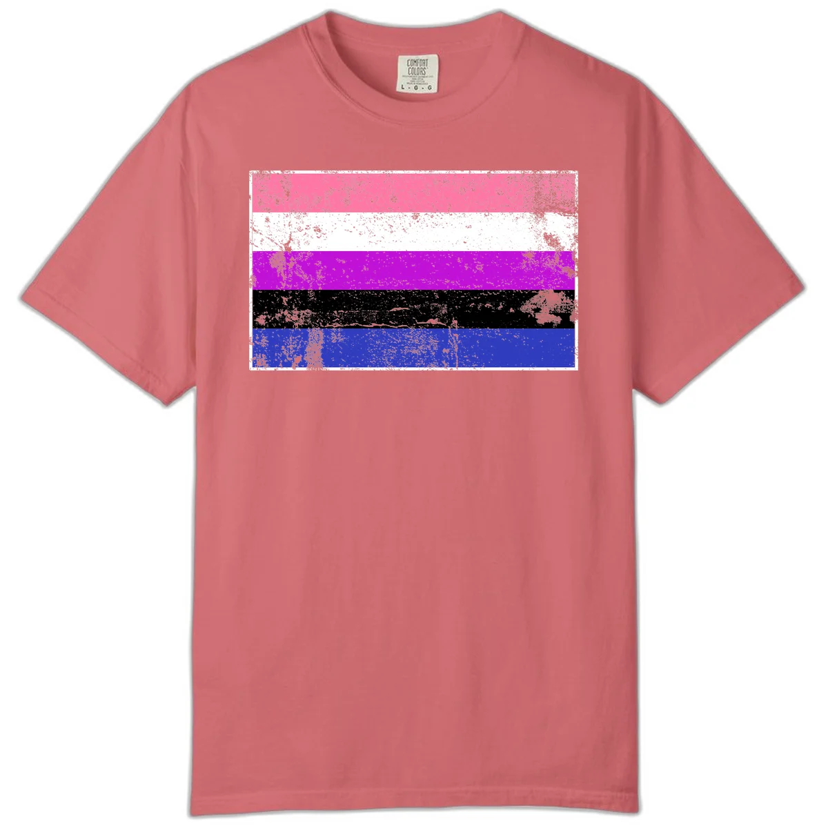 Genderqueer pride flag with horizontal stripes in hot pink, white, magenta, black, and blue featuring distressed grunge texture in Watermelon