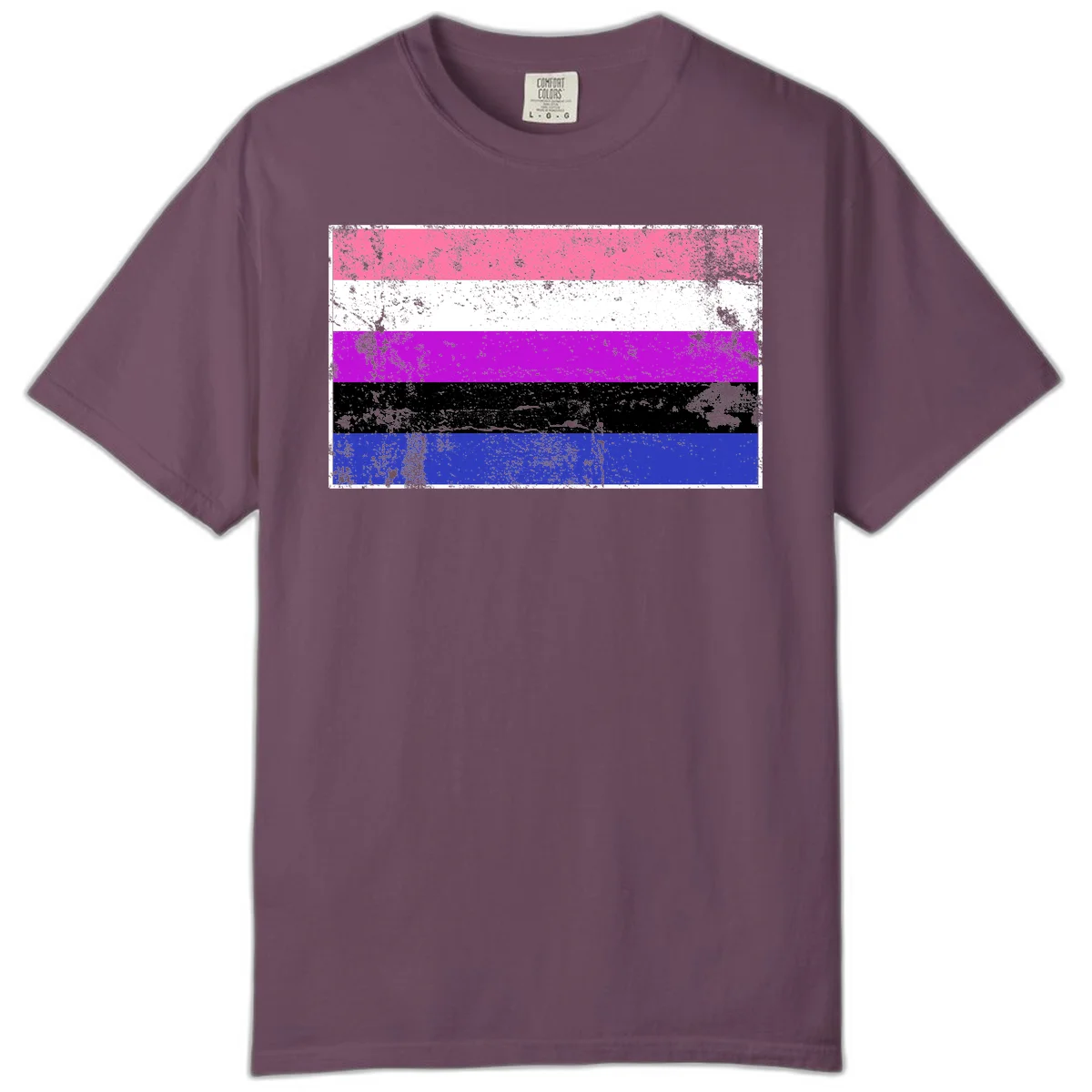 Genderqueer pride flag with horizontal stripes in hot pink, white, magenta, black, and blue featuring distressed grunge texture in Berry