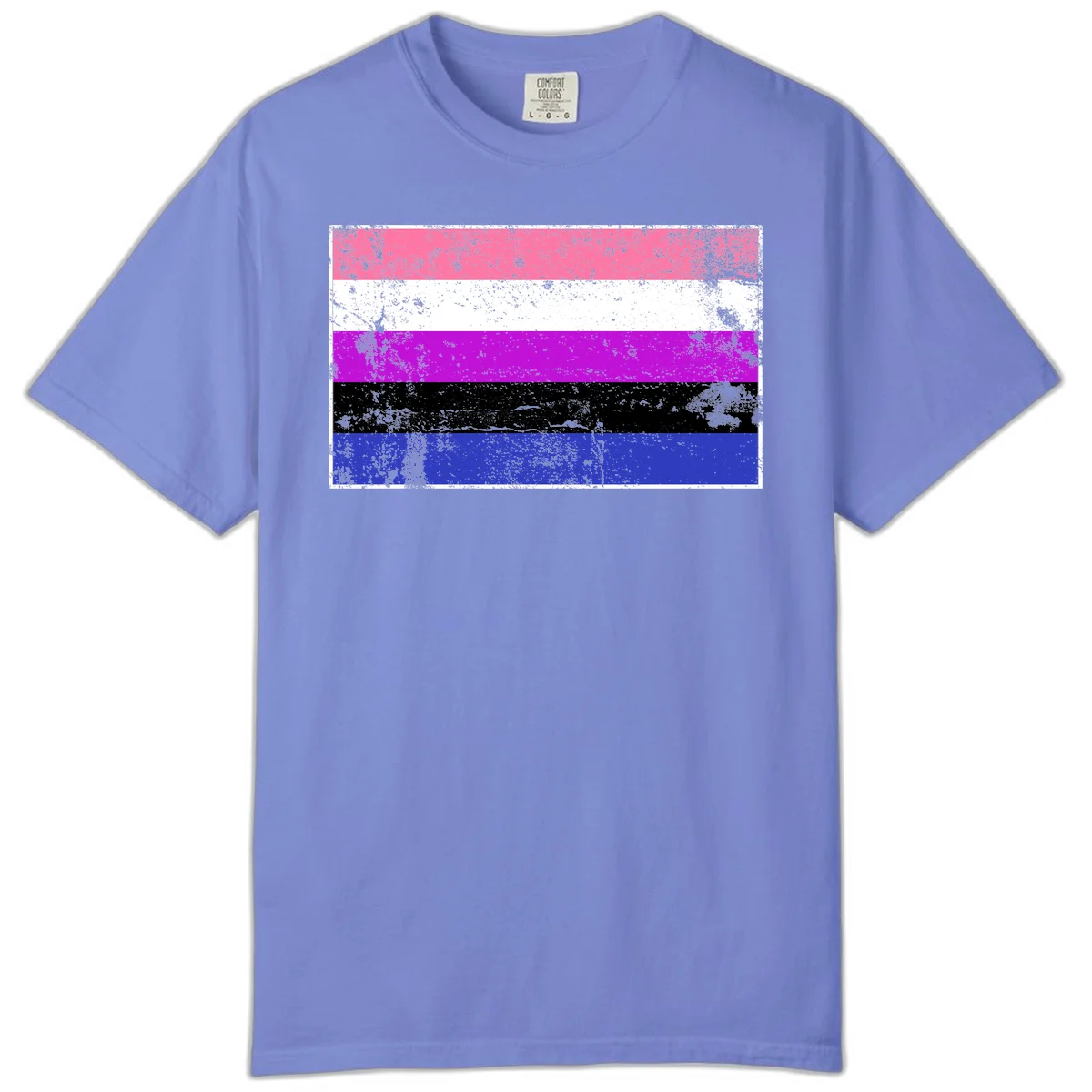 Genderqueer pride flag with horizontal stripes in hot pink, white, magenta, black, and blue featuring distressed grunge texture in Flo Blue