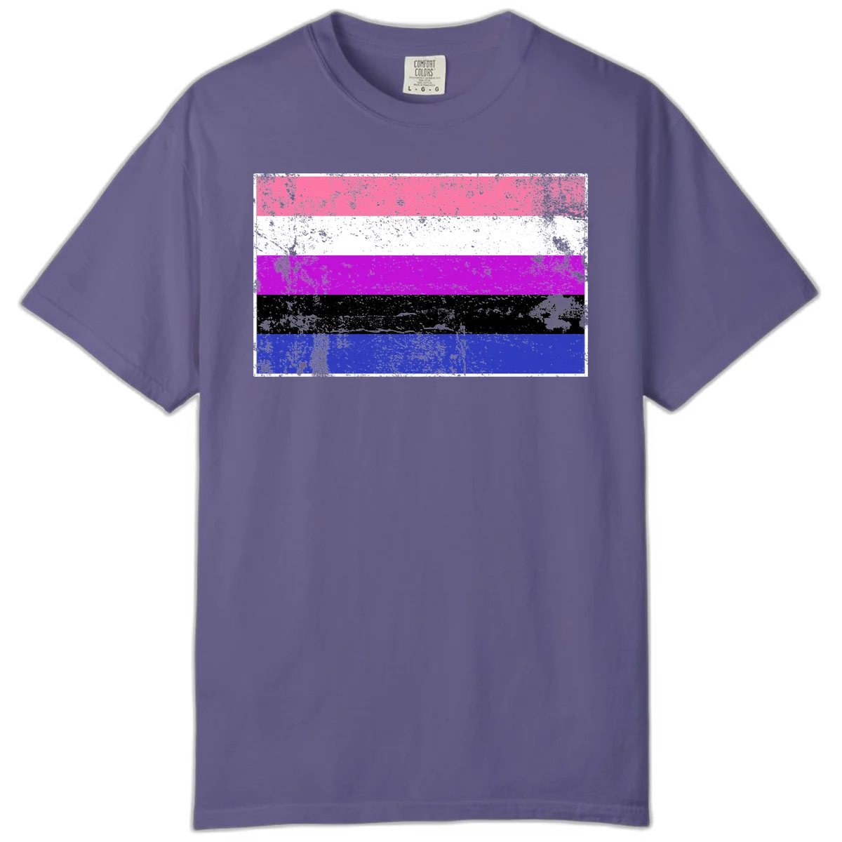 Genderqueer pride flag with horizontal stripes in hot pink, white, magenta, black, and blue featuring distressed grunge texture in Grape