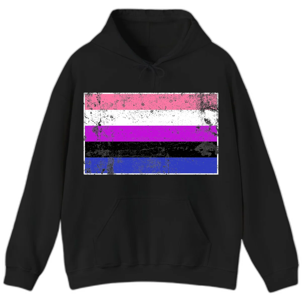 Genderqueer pride flag with horizontal stripes in hot pink, white, magenta, black, and blue featuring distressed grunge texture in Black