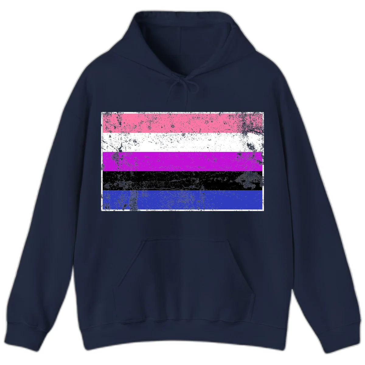 Genderqueer pride flag with horizontal stripes in hot pink, white, magenta, black, and blue featuring distressed grunge texture in Navy