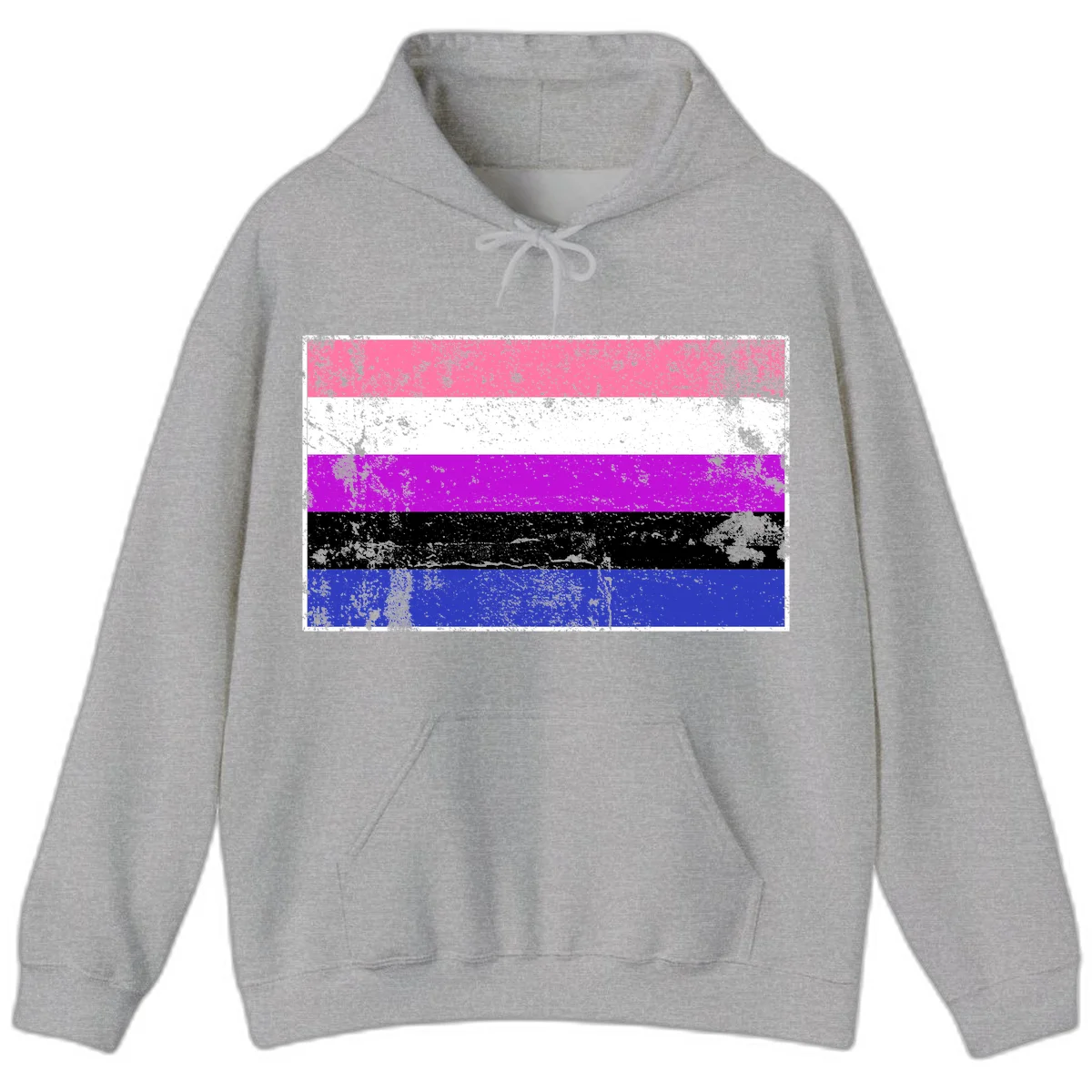 Genderqueer pride flag with horizontal stripes in hot pink, white, magenta, black, and blue featuring distressed grunge texture in Sport Grey
