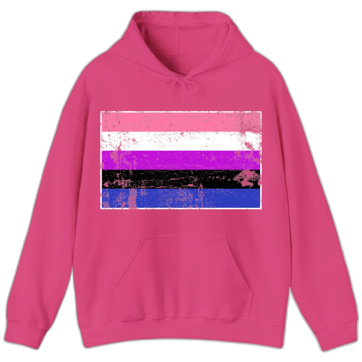 Genderqueer pride flag with horizontal stripes in hot pink, white, magenta, black, and blue featuring distressed grunge texture in Heliconia