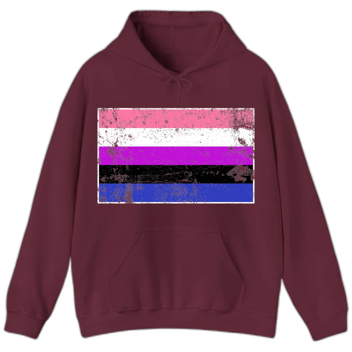 Genderqueer pride flag with horizontal stripes in hot pink, white, magenta, black, and blue featuring distressed grunge texture in Maroon
