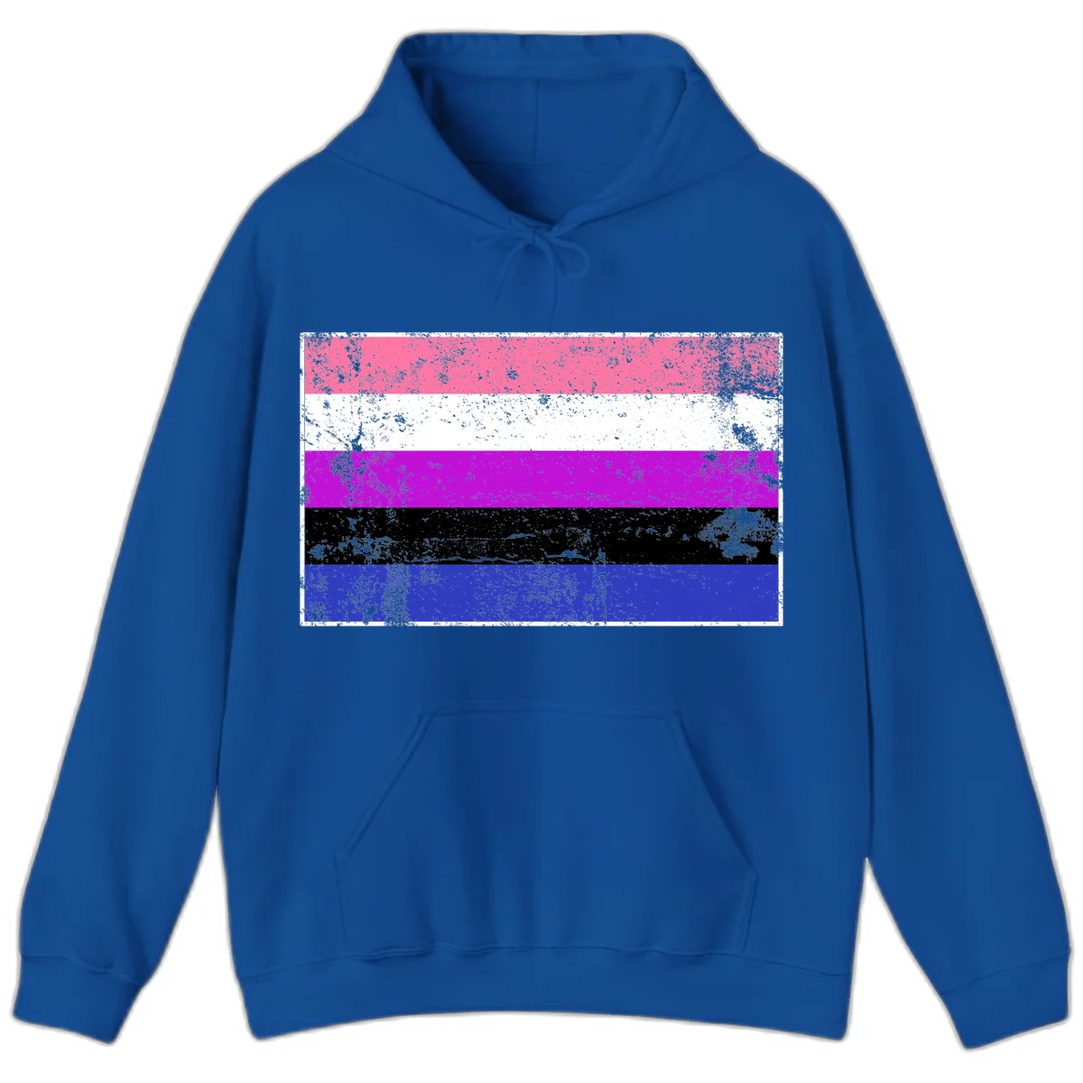 Genderqueer pride flag with horizontal stripes in hot pink, white, magenta, black, and blue featuring distressed grunge texture in Royal