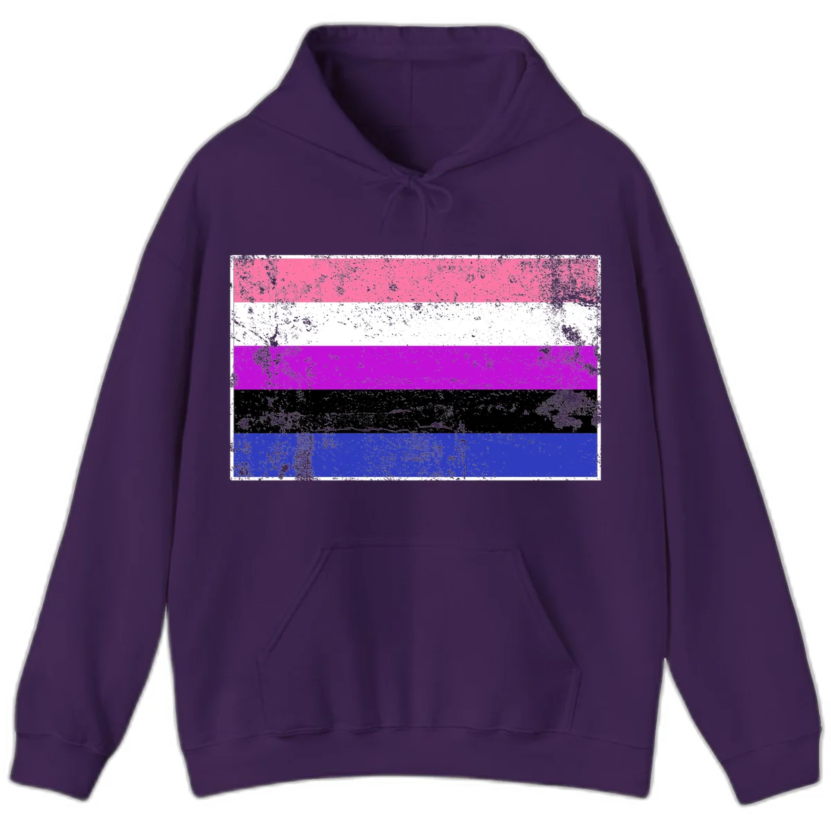 Genderqueer pride flag with horizontal stripes in hot pink, white, magenta, black, and blue featuring distressed grunge texture in Purple