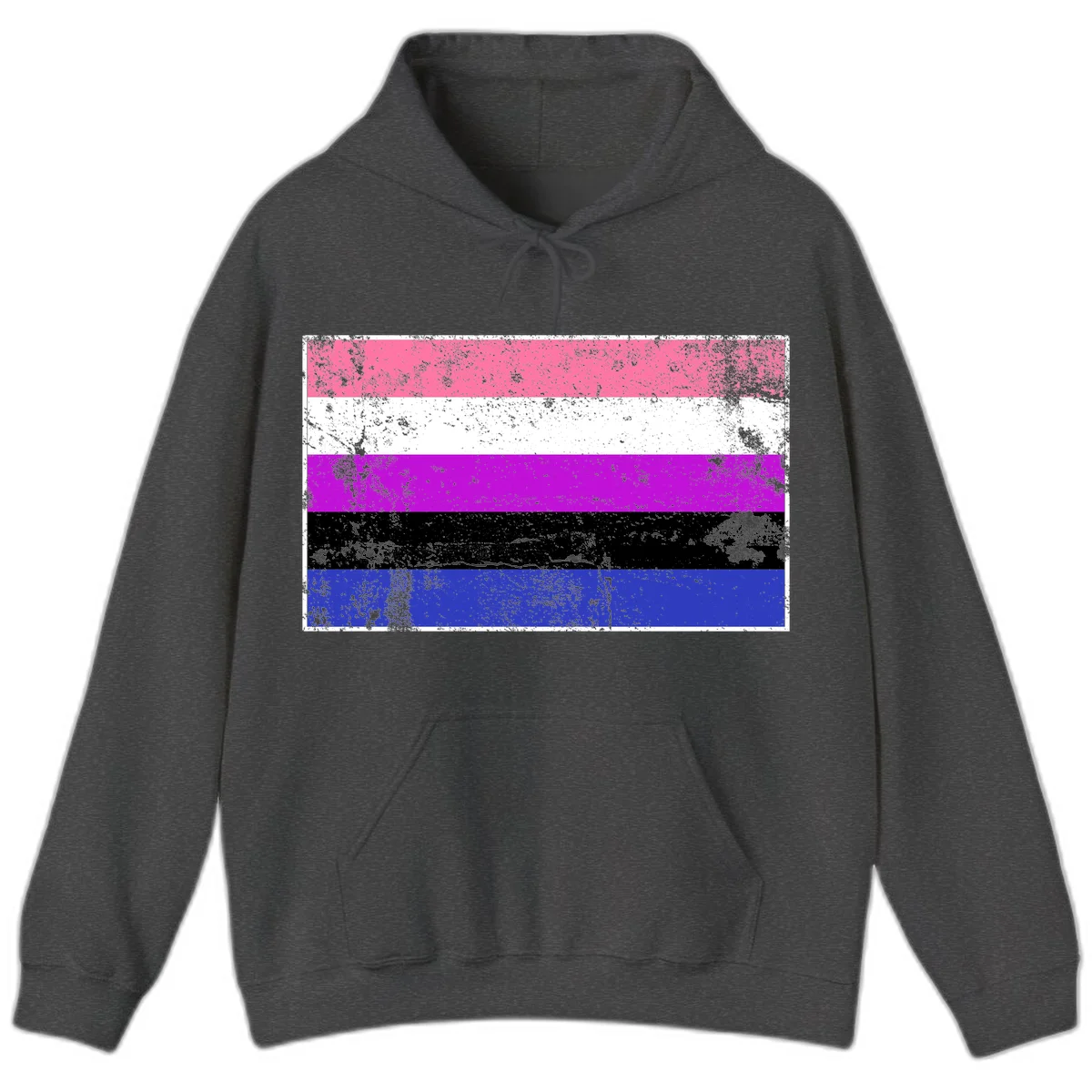 Genderqueer pride flag with horizontal stripes in hot pink, white, magenta, black, and blue featuring distressed grunge texture in Dark Heather